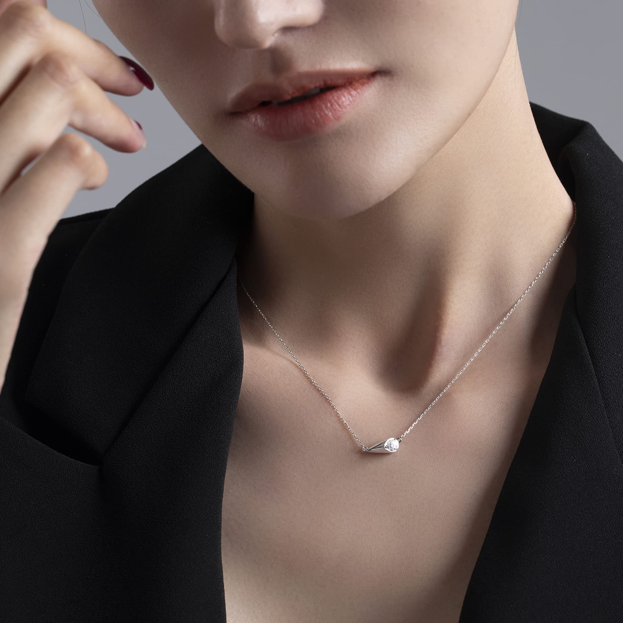 GIA Certified Diamond Necklace Pendant - Dainty Layering Charm Necklace with Sideways Teardrop Design - April Birthstone Moissanite Jewelry for Women - Perfect for Everyday Wear, Gift Giving & Special Occasions