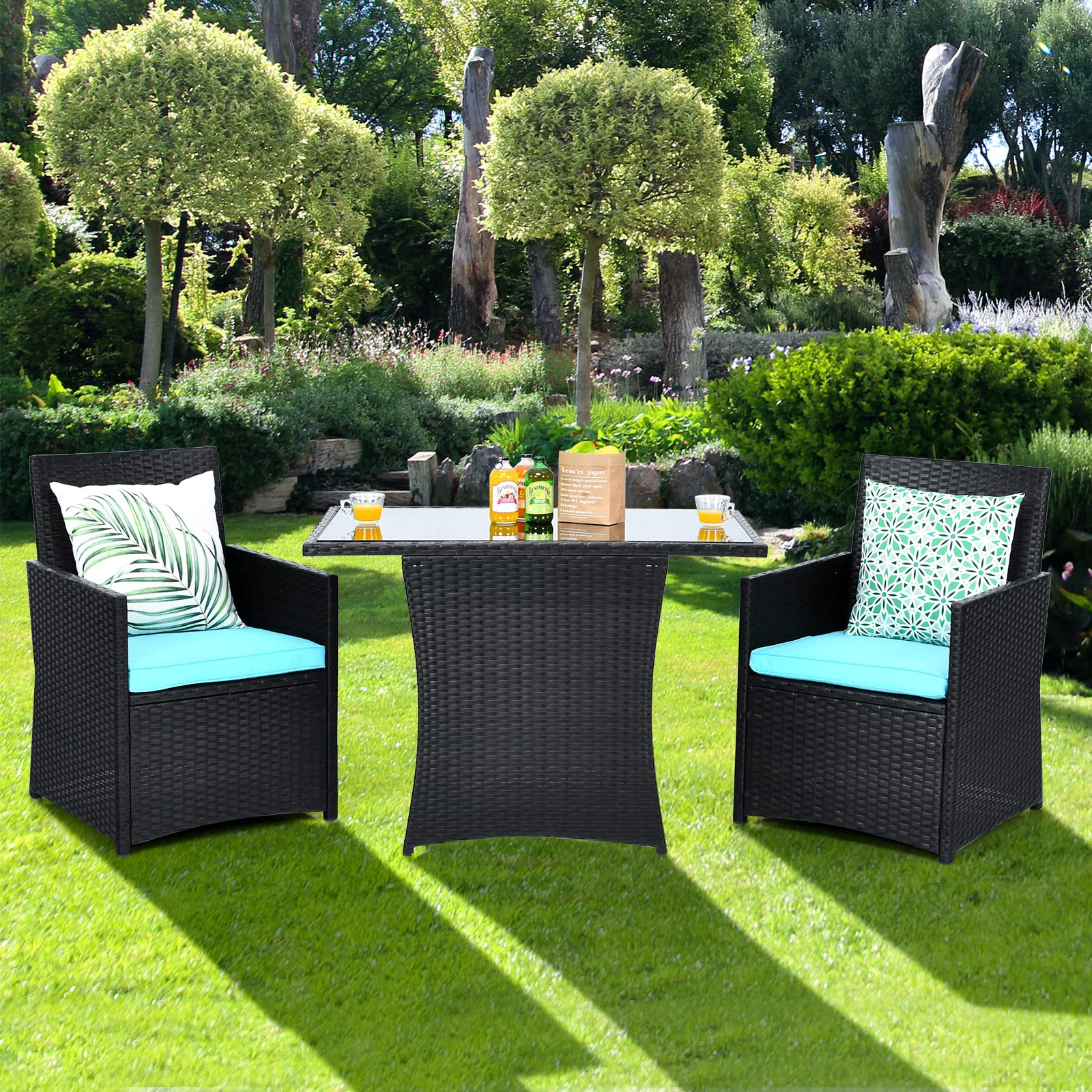 HAPPYGRILL 3-Piece Outdoor Wicker Bistro Set - PE Rattan Dining Table with Cushioned Chairs, Patio Conversation Set for Backyard, Porch, Garden & Poolside - Perfect for Outdoor Dining, Relaxing & Entertaining