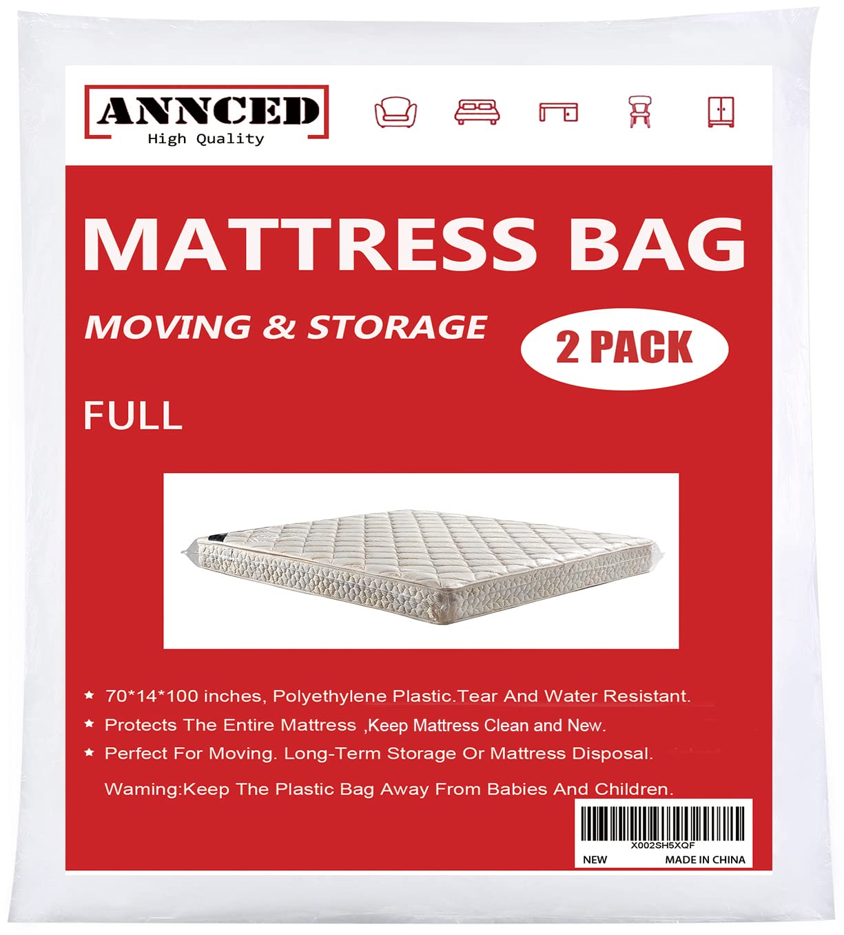 ANNCED 2-Pack Heavy Duty Mattress Storage Bags - 4mil Tear-Resistant for Moving & Protection | Full Size