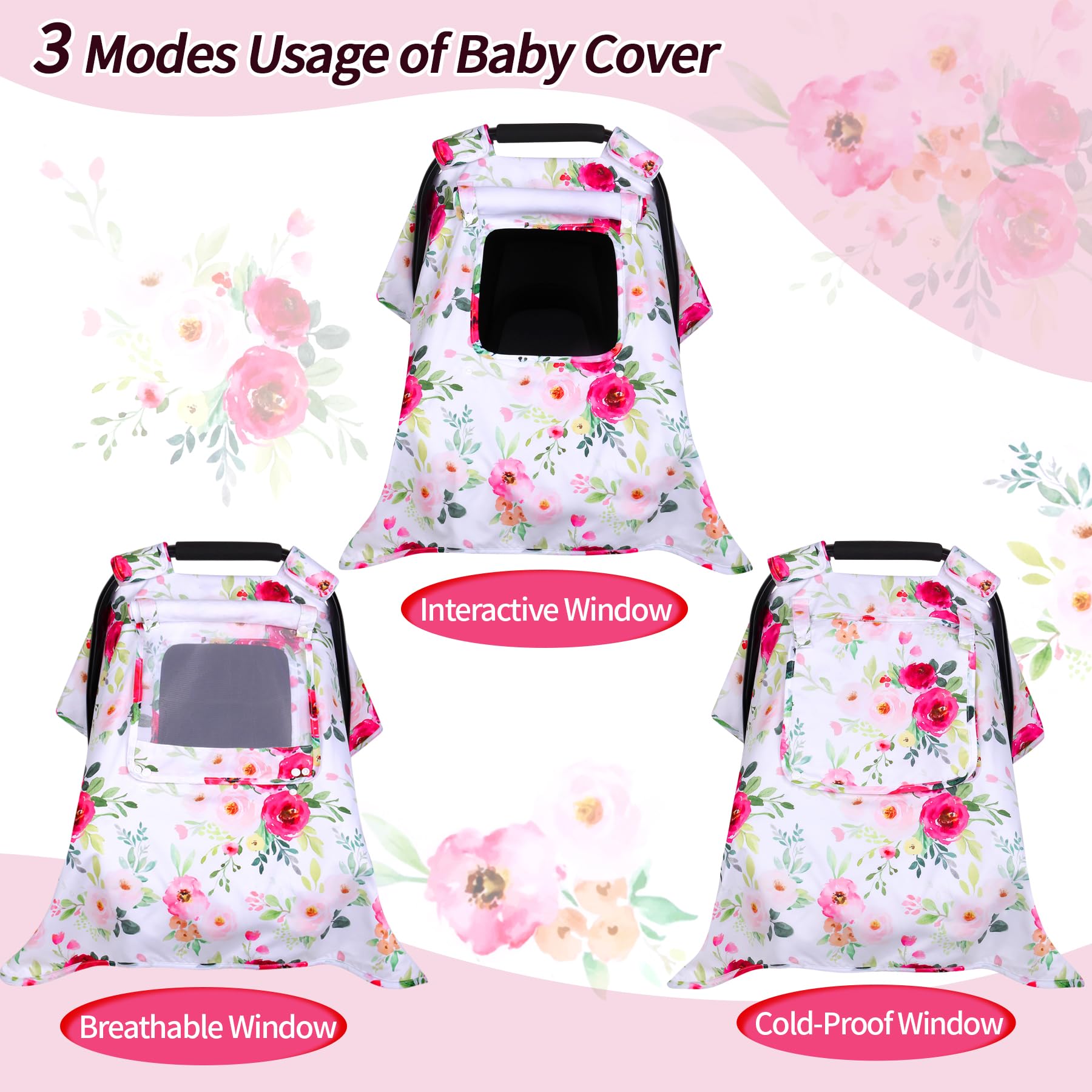 Breathable Baby Car Seat Cover with 3-Layer Peekaboo Windows - Windproof Infant Car Seat Canopy & Stroller Cover - Kick-Proof Carrier Protection for Boys & Girls - Perfect Newborn Shower Gift (Flower Pattern) - Ideal for Travel, Shopping & Outdoor Adventures