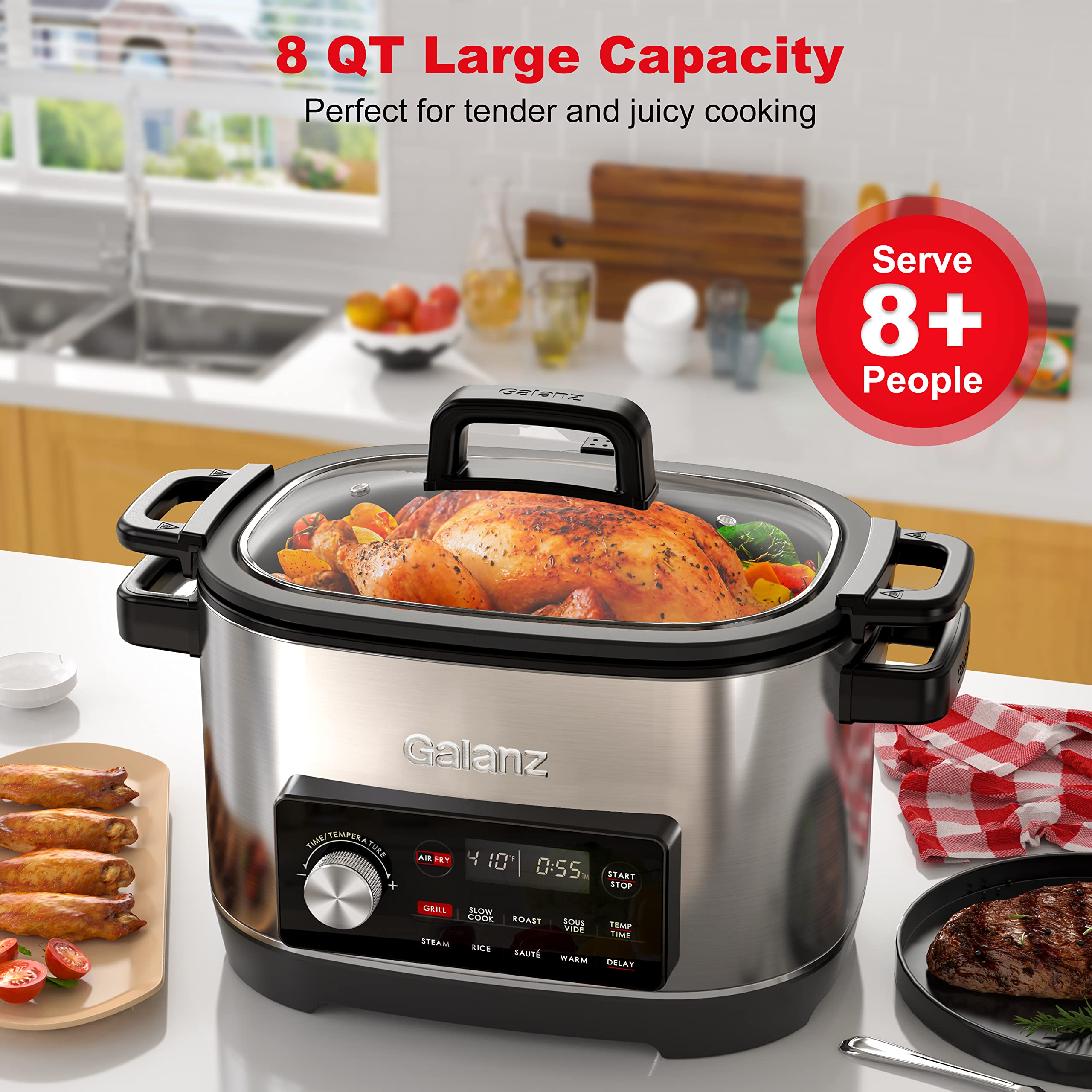 Galanz 8-in-1 Multi Cooker with Air Fry, Sous Vide, Rice Cooker, Sauté, Slow Cooker, Steamer, Roaster & Grill - 8 QT Removable Nonstick Pot, 8 Preset Programs, Stainless Steel - Perfect for Family Meals, Meal Prep & Healthy Cooking