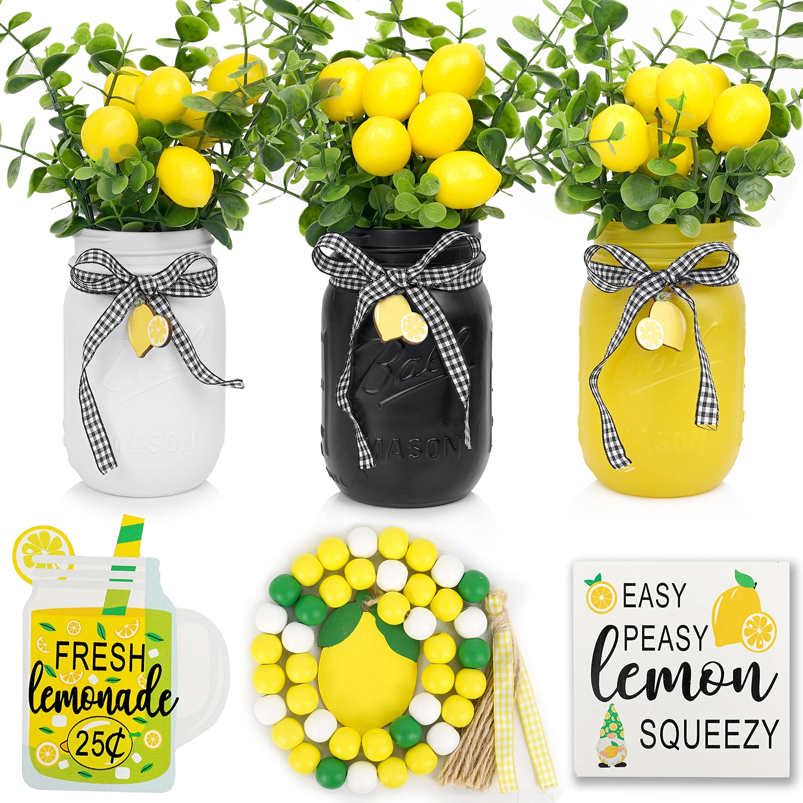 Lemon Kitchen Decor & Accessories Set - Rustic Mason Jar & Buffalo Plaid Farmhouse Tray Decor for Summer Home, Housewarming Gift - Perfect for Tiered Tray Displays, Country Kitchen Decor & Seasonal Table Centerpieces