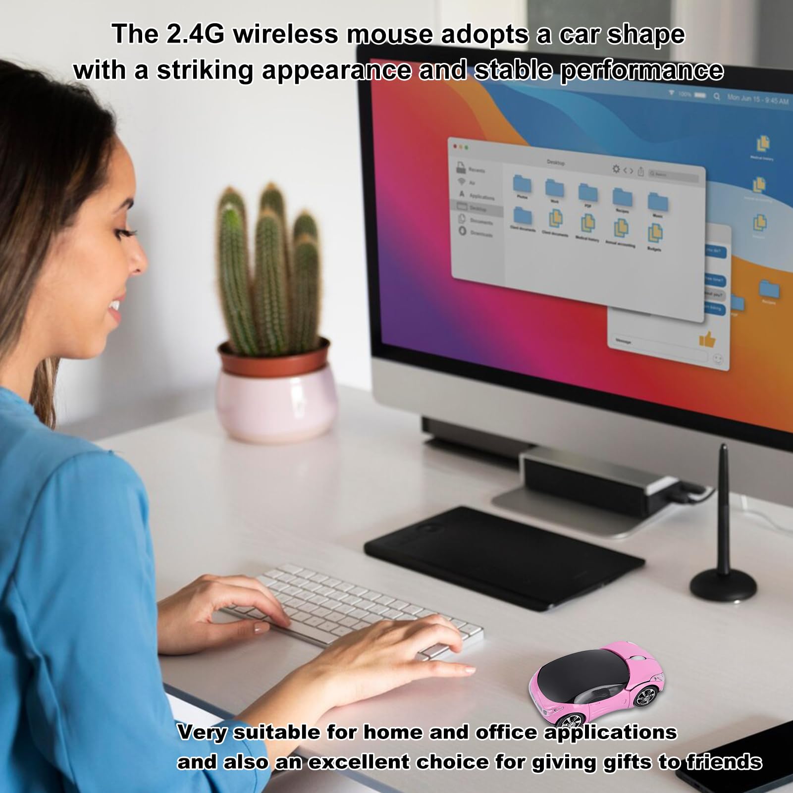 ASHATA 2.4G Wireless Mouse with USB Receiver - 1600DPI Optical Computer Mouse for PC, Laptop, Tablet - Compatible with Windows XP/7/ME/2000 & Mac OS - Cute Pink Mouse for Office, Gaming & Home Use