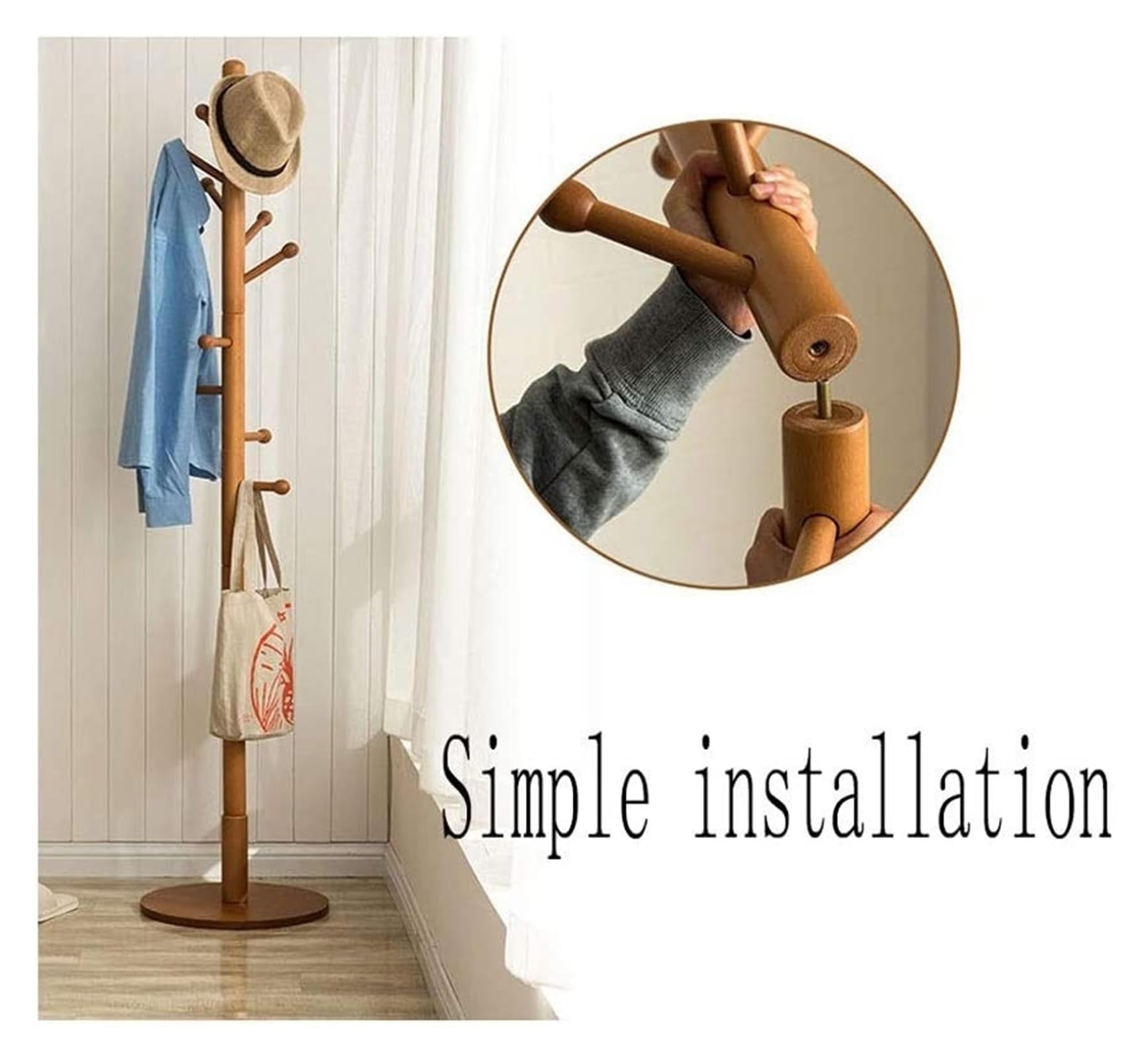 **9-Hook Solid Wood Coat Rack Stand | Heavy-Duty Entryway Hanger for Hallway, Bedroom & Closet | Easy Assembly Wooden Coat Tree (Wood Color) - Perfect for Organizing Jackets, Hats, Bags & Accessories**