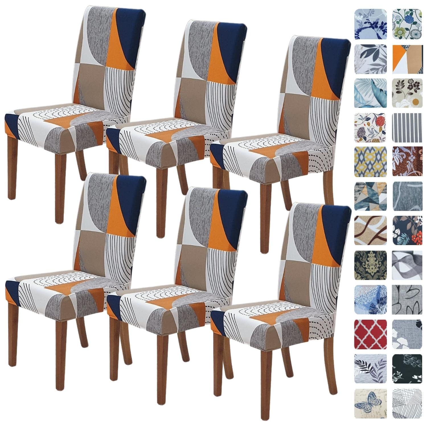 SPRINGRICO 6-Pack Stretch Dining Chair Covers - Washable Spandex Slipcovers for Kitchen & Parsons Chairs - Removable Seat Protectors for Home, Party & Restaurant Use (Color Matrix, Set of 6)