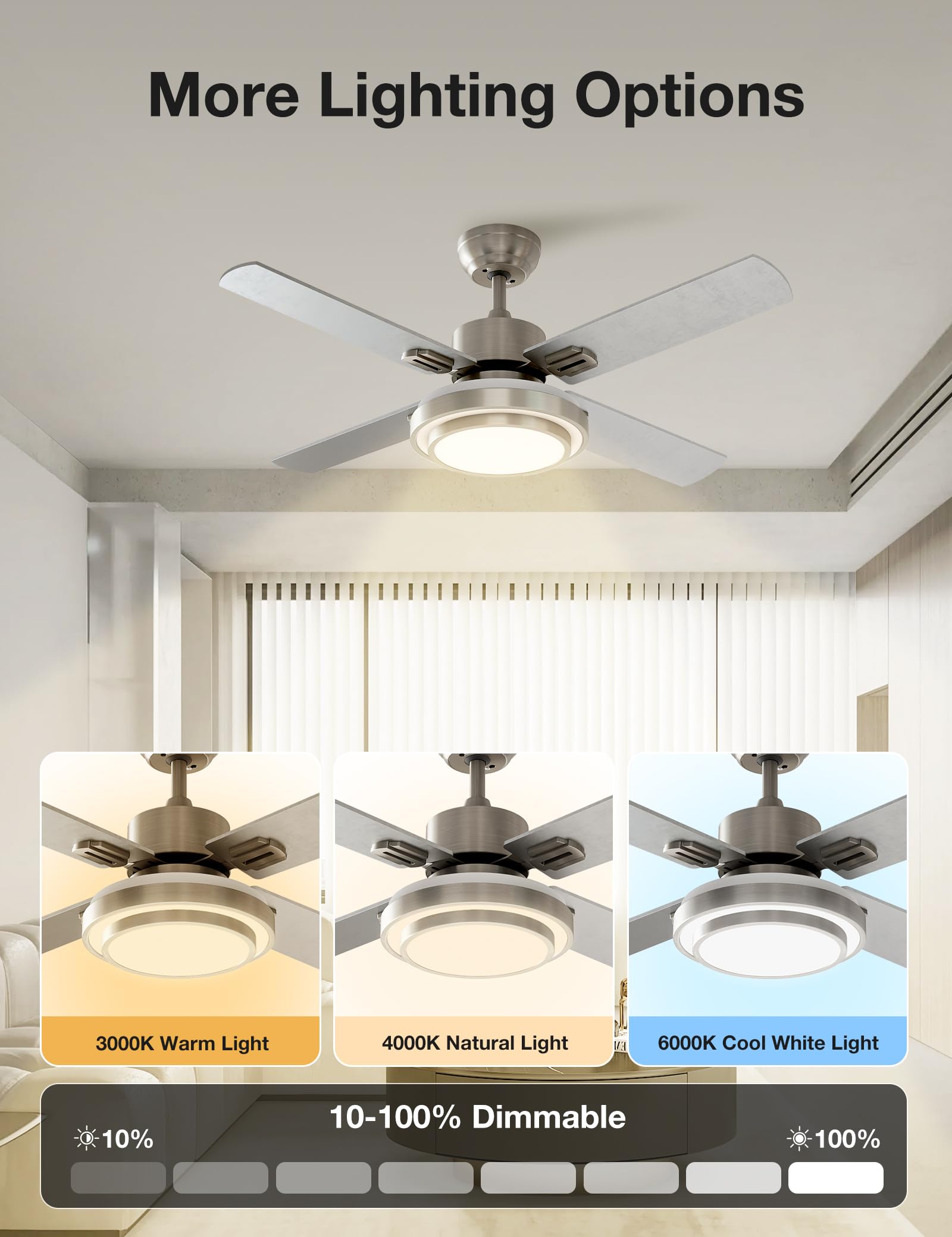 Warmiplanet 44 Inch Brushed Nickel Ceiling Fan with Lights and Remote Control - 4 Blades for Living Room, Bedroom, and Office