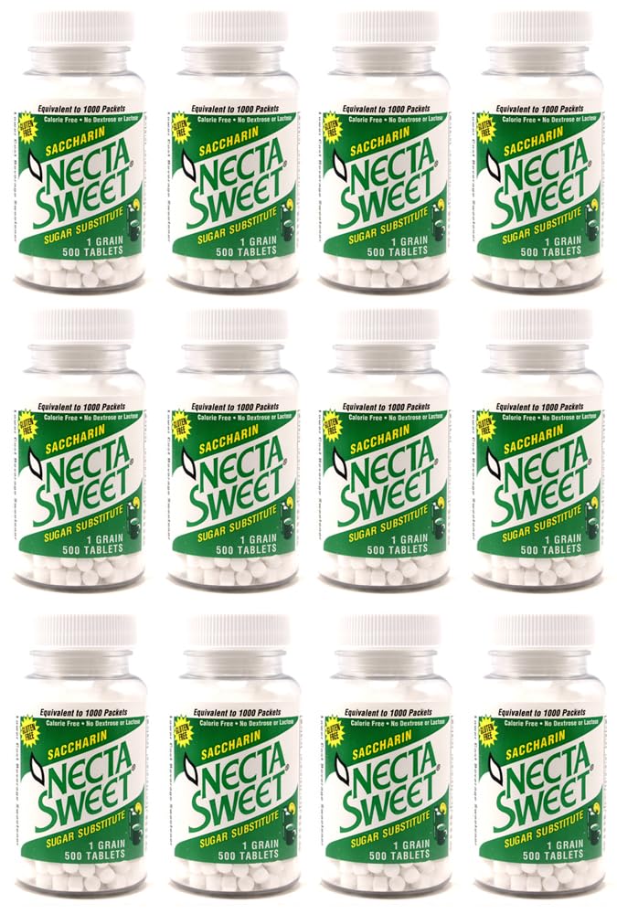 12 Bottles (500 Tablets Each) of 1 Grain Necta Sweet Saccharin Tablets - Sugar Substitute for Baking, Coffee & Dieting | Low-Calorie Sweetener for Diabetics & Keto Diet