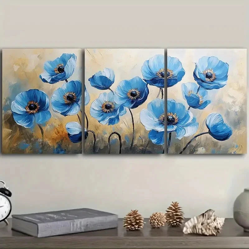 3-Piece Abstract Blue Poppies Modern Metal Wall Art - Ready to Hang Canvas Prints for Living Room, Bedroom & Office Decor