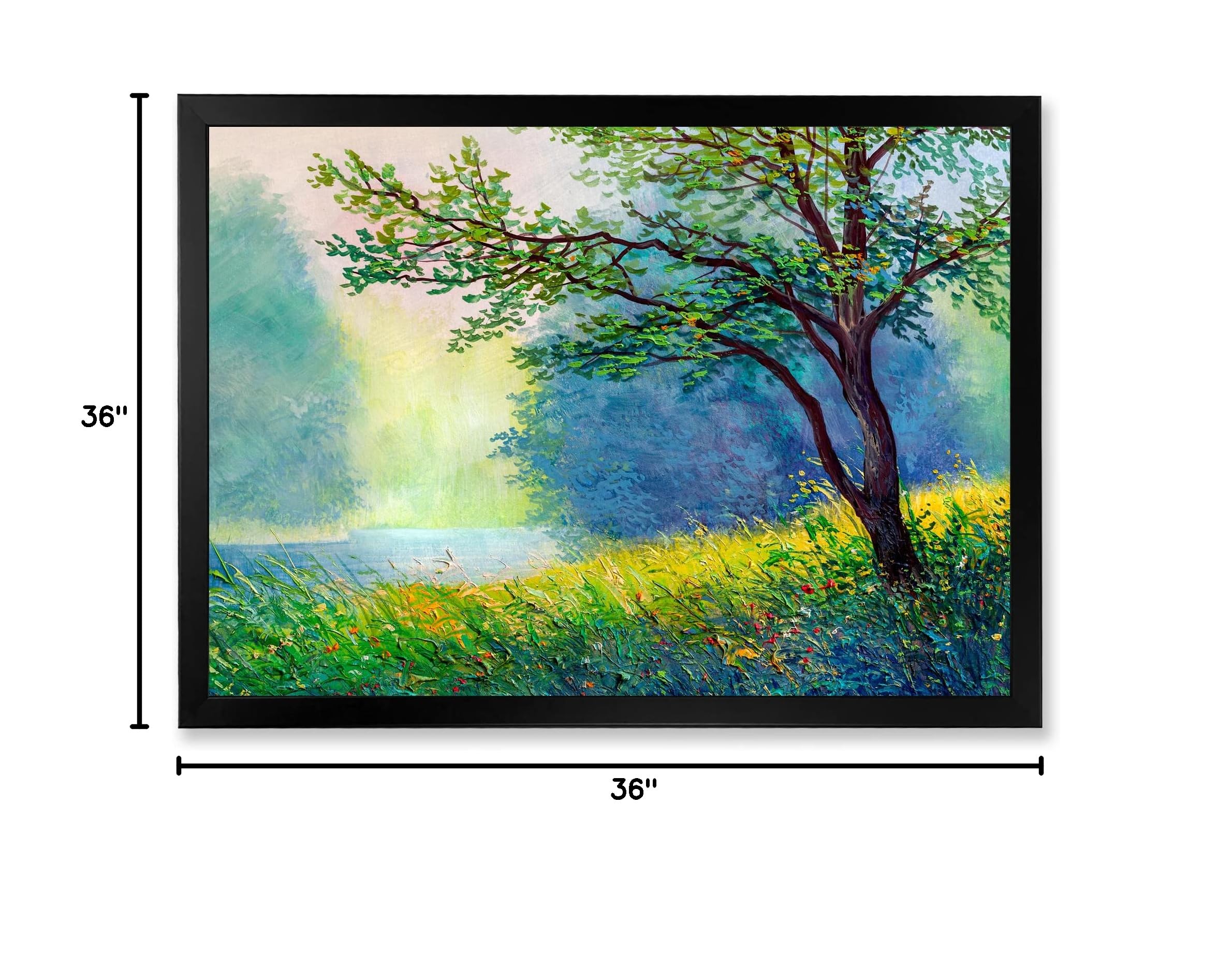 DesignQ Summer Forest With River and Waterfall Traditional Framed Wall Art - Nature Landscape Canvas Painting for Living Room, Bedroom & Office Decor