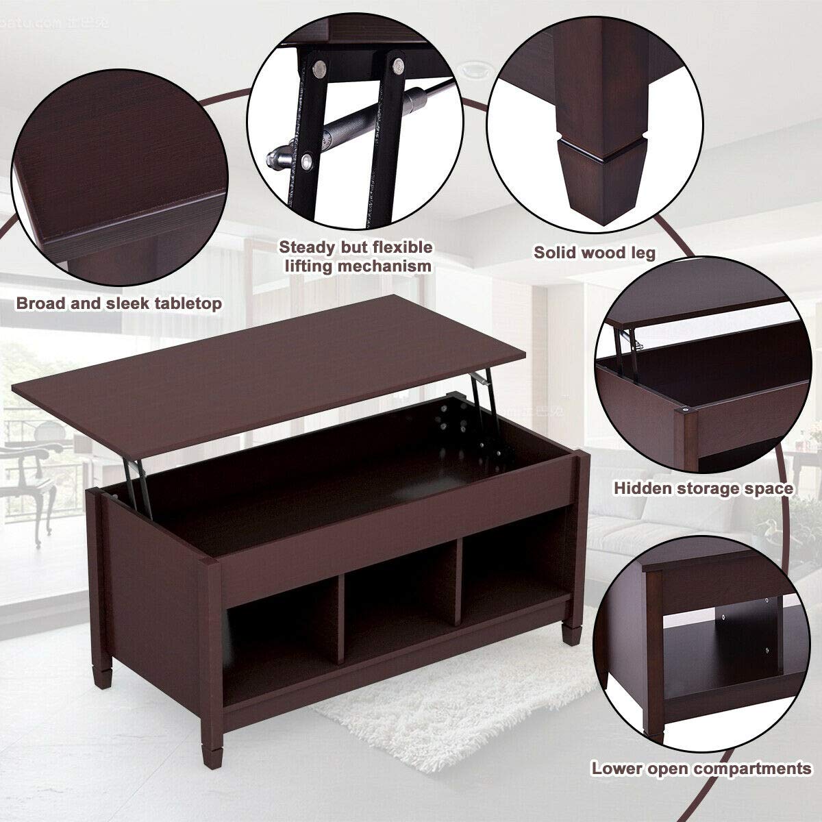 Lift Top Coffee Table with Hidden Storage Compartment & Display Shelves - Retro Espresso End Table for Living Room, Bedroom, Home & Office - Perfect for Tea Time, Dining, and Extra Storage Space
