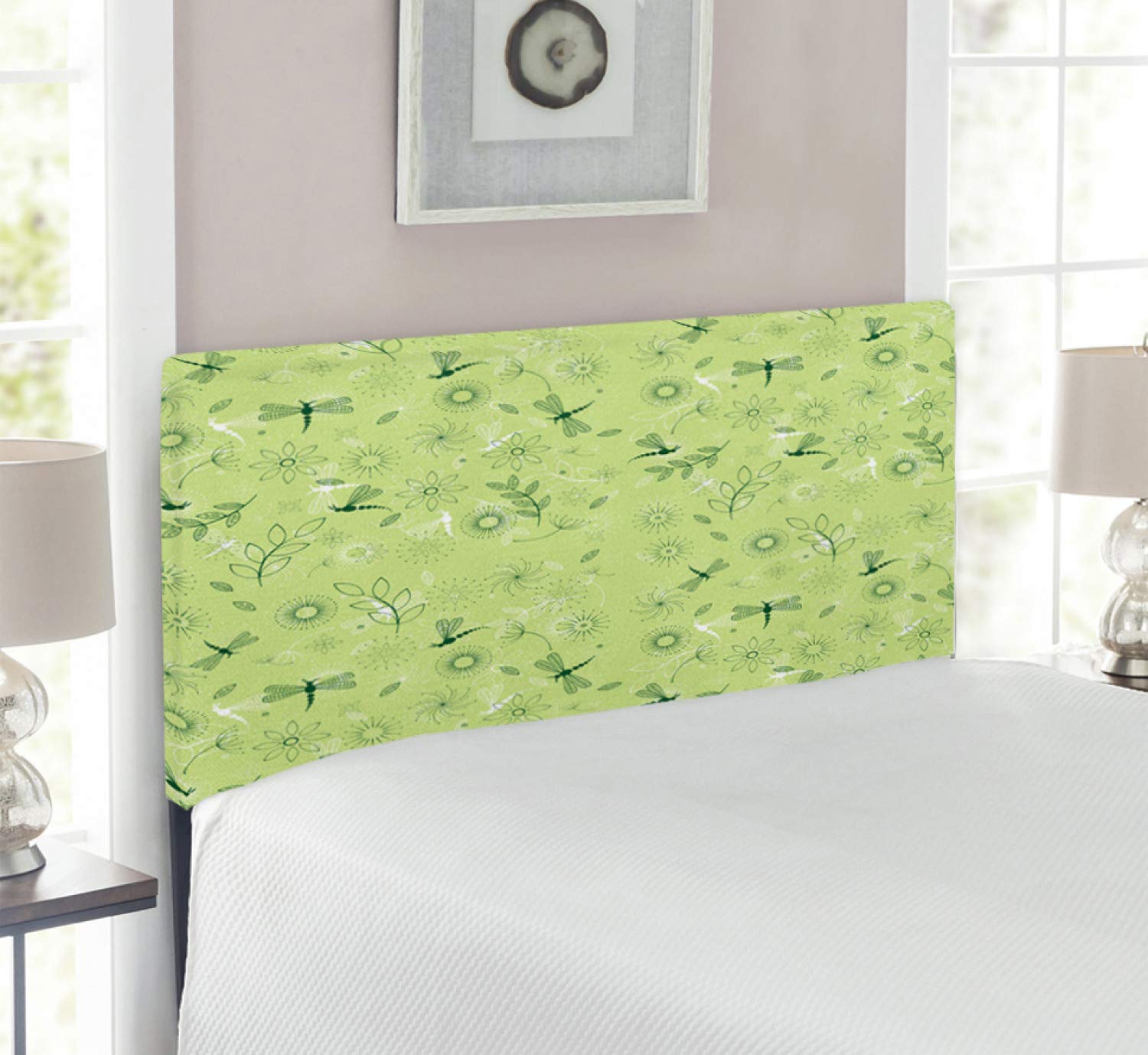 Ambesonne Dragonfly Headboard - Floral & Dragonfly Design for Boys Room, Upholstered Metal Bed Frame with Memory Foam, Twin Size in Hunter Green & Pistachio - Perfect for Spring-Themed Bedrooms & Kids' Room Decor