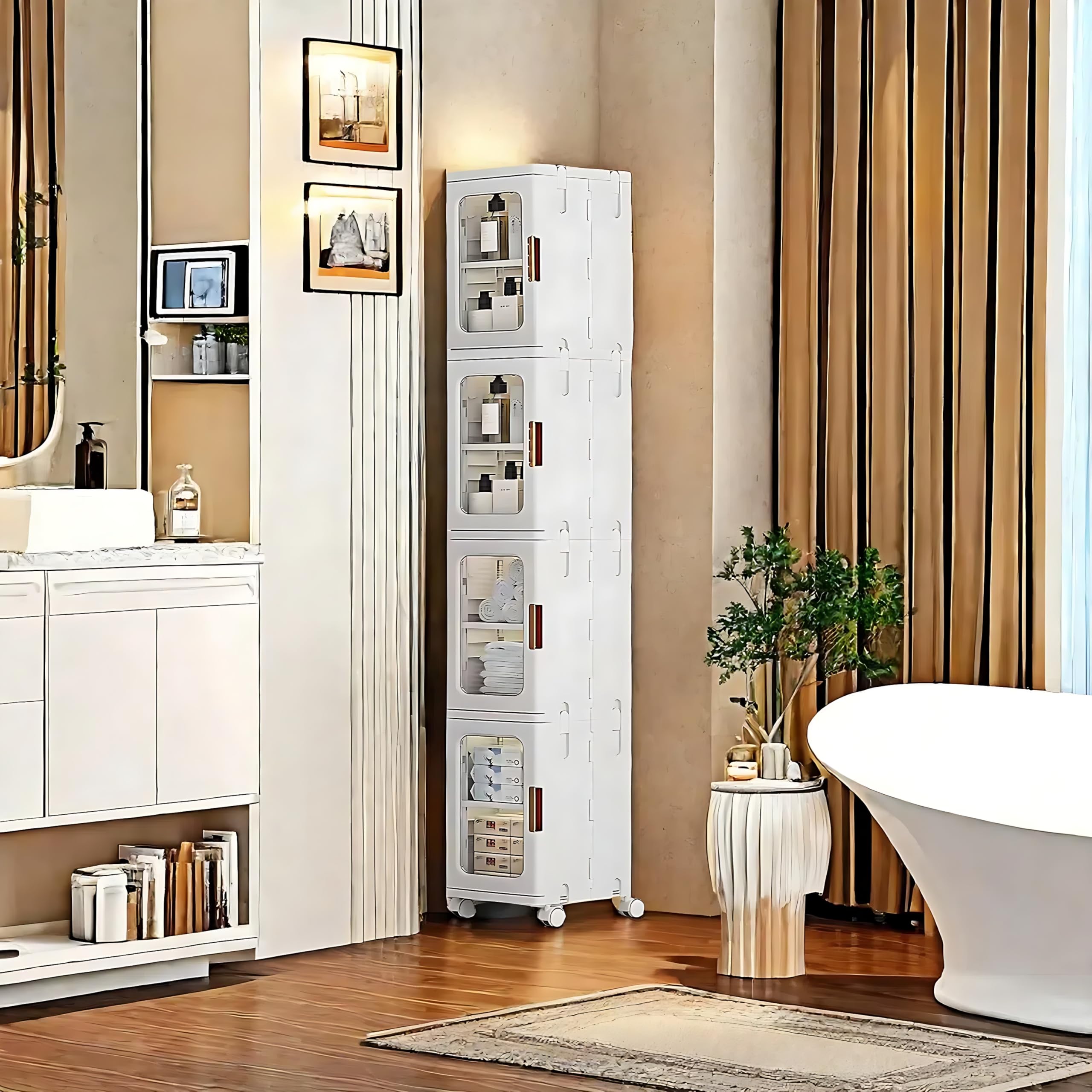 4-Tier Slim Tall Bathroom Storage Cabinet with Adjustable Shelves & Doors - Freestanding Narrow Linen Organizer for Small Spaces, Laundry Room & Bathroom Organization | Perfect for Towels, Toiletries & Cleaning Supplies