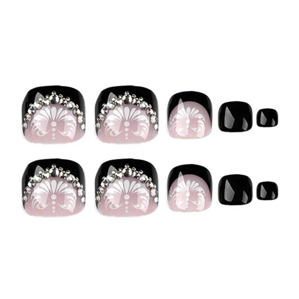 24pcs Black Press on Toenails - Square Fake Nails with French Tips & Floral Rhinestone Designs | Full Cover Acrylic Stick on Toes for Women & Girls | Perfect for Pedicures, Parties, Vacations & Summer Nail Looks
