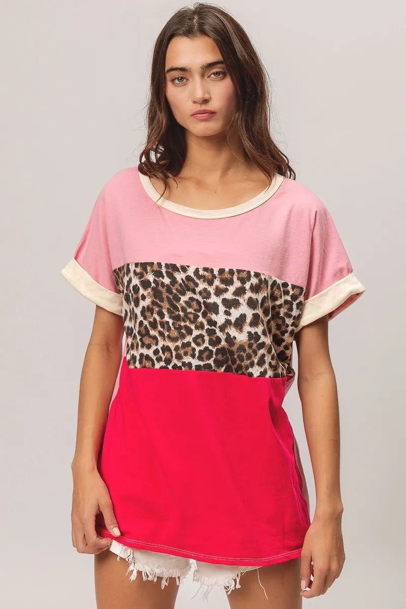 BiBi Leopard Print Jersey Color Block Roll Up - Stylish & Comfortable Women's T-Shirt for Casual Wear, Outfits & Daily Fashion