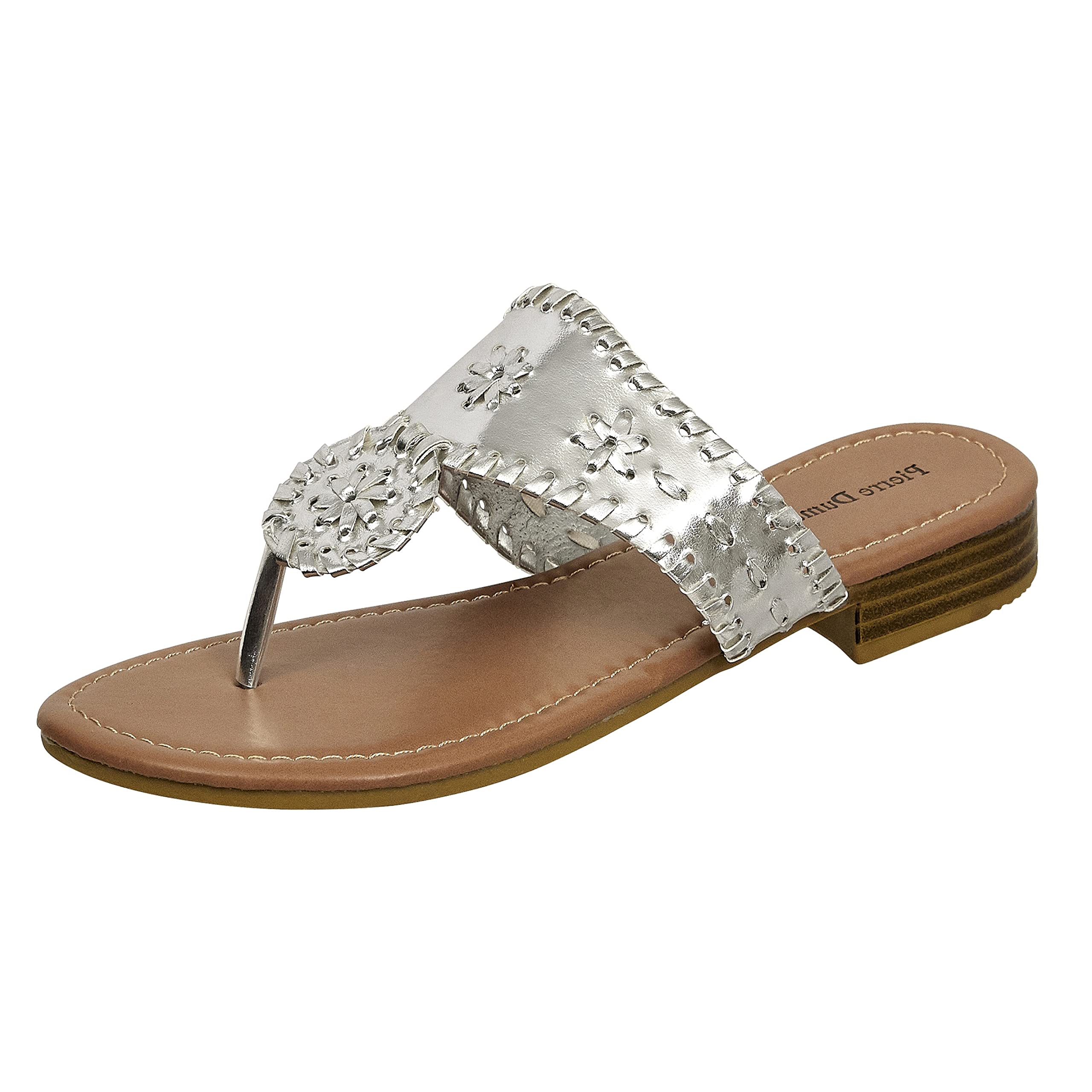 Pierre Dumas Women's Rosetta Slip-On Thong Sandals - Silver | Comfortable Summer Beach Sandals for Women | Size 9 Medium | Casual Walking, Vacation, Poolside Wear
