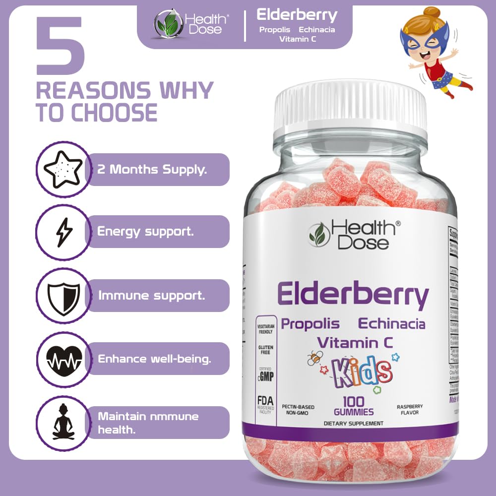 Organic Elderberry Sambucus Gummy Vitamins for Kids - 100 Gummies with Propolis Extract, Echinacea & Vitamin C | Delicious Raspberry Flavor | Vegan, Gluten-Free Immune Support Booster | Pack of 5 | Perfect for Daily Immunity Defense & School Lunchboxes