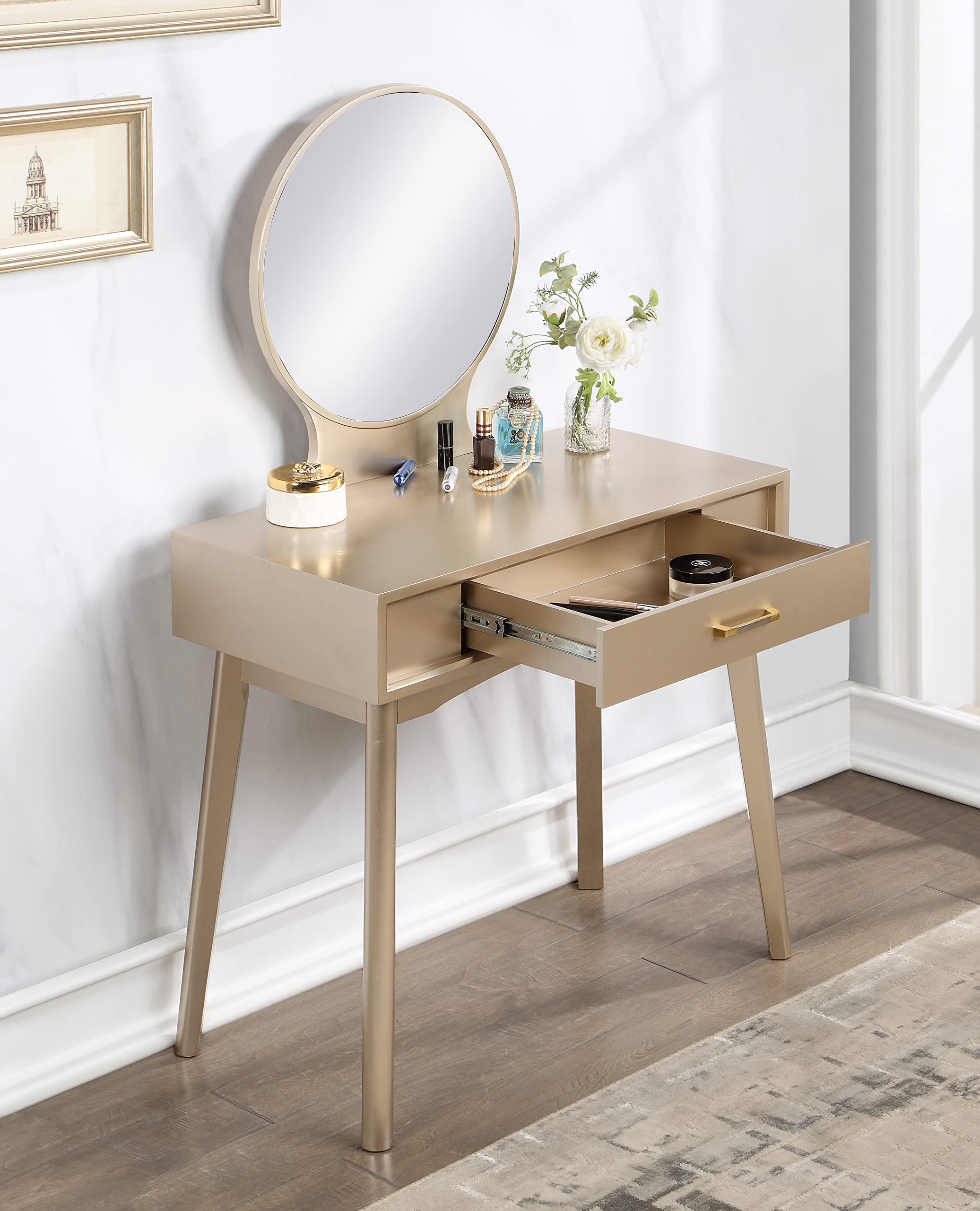 Roundhill Furniture Maly Contemporary Wood Vanity and Stool Set with Mirror in Gold - Perfect for Bedroom, Bathroom & Dressing Room Makeup Vanity Set