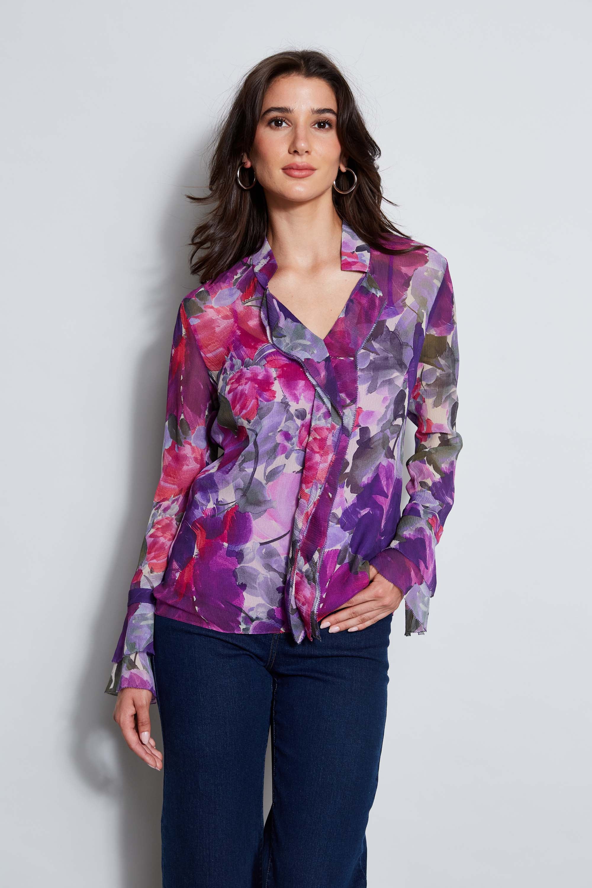 Elegant Silk Chiffon Blouse with Floral Print & Ruffle Details - Perfect for Office Wear, Date Nights & Special Occasions