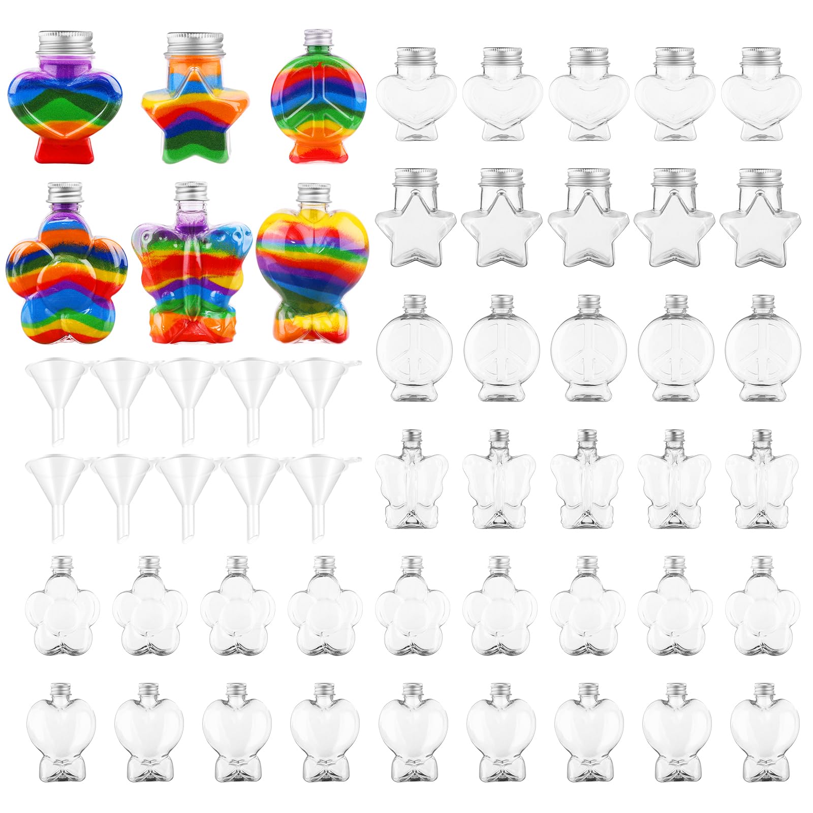 60Pcs Heart & Flower Shaped Plastic Bottles DIY Colored Sand Art Kit - Creative Kids Craft Activity for Birthday Parties, Classroom Projects & Sensory Play (6 Styles)