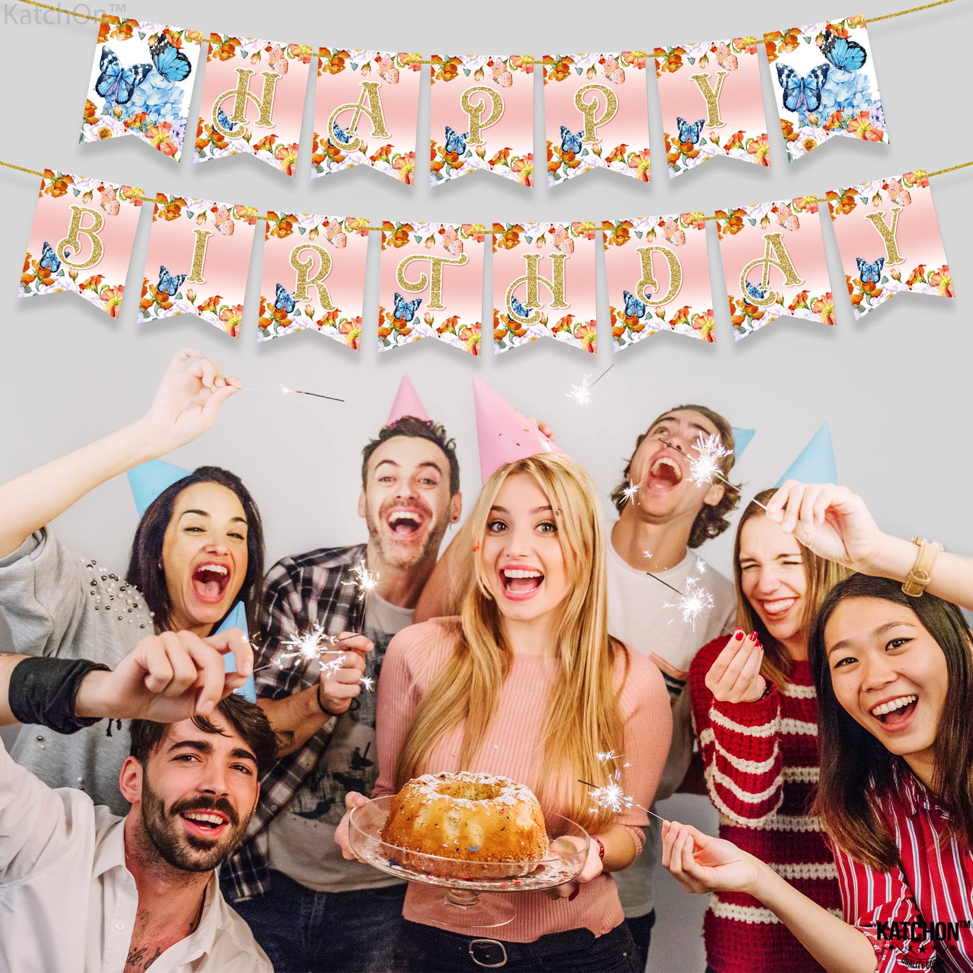 KatchOn Large Butterfly Happy Birthday Banner - Ready to Hang | Fairy & Butterfly Themed Birthday Party Decorations | Perfect for Indoor & Outdoor Birthday Celebrations, Baby Showers, and Fairy Garden Parties