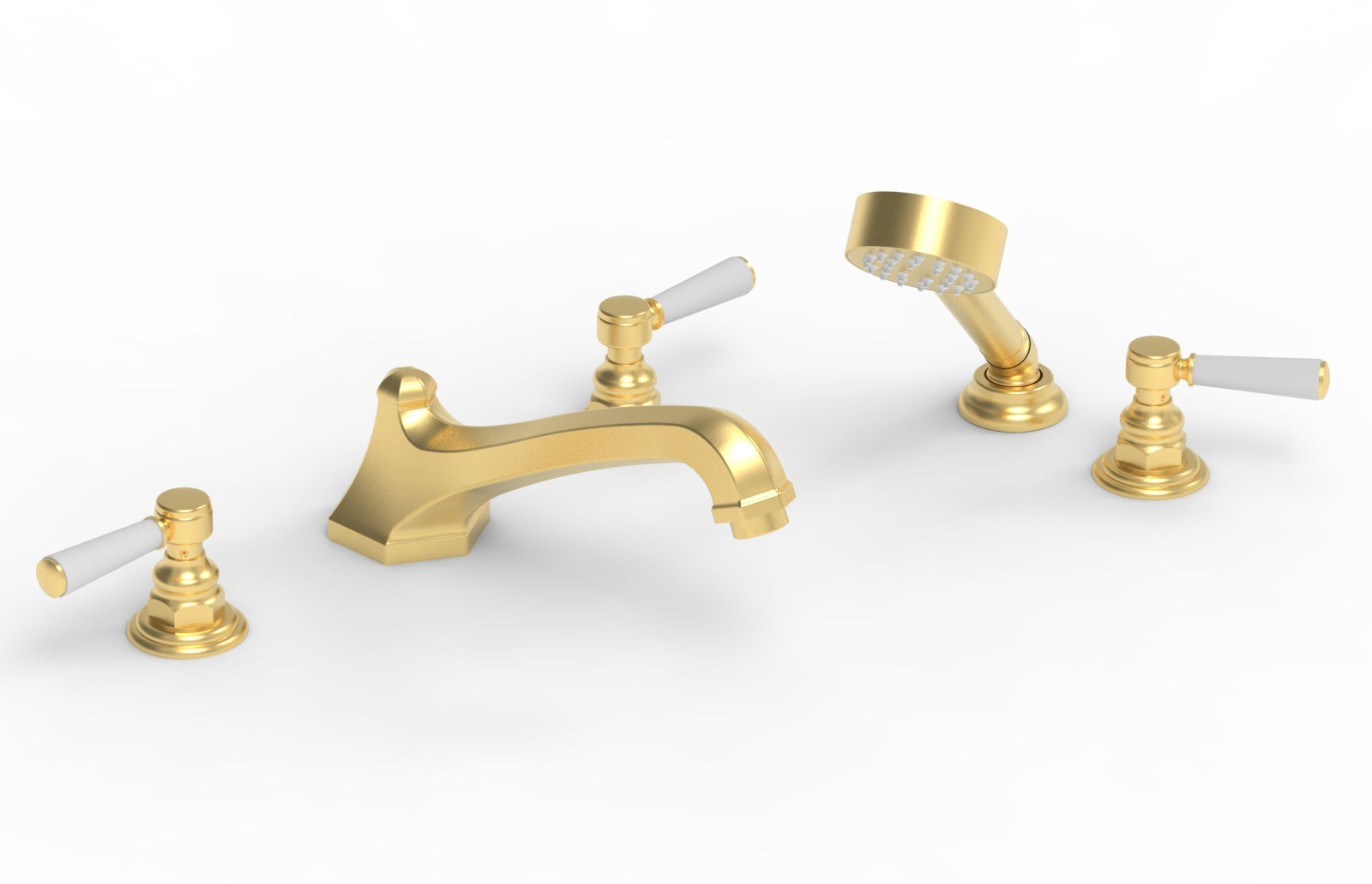 HEX TRADITIONAL Deck Mount Bathtub Faucet Set with Hand Shower - Satin White Finish & Lever Handles (Model 500-49) - Perfect for Modern Bathroom Renovations & Spa-Like Shower Experience