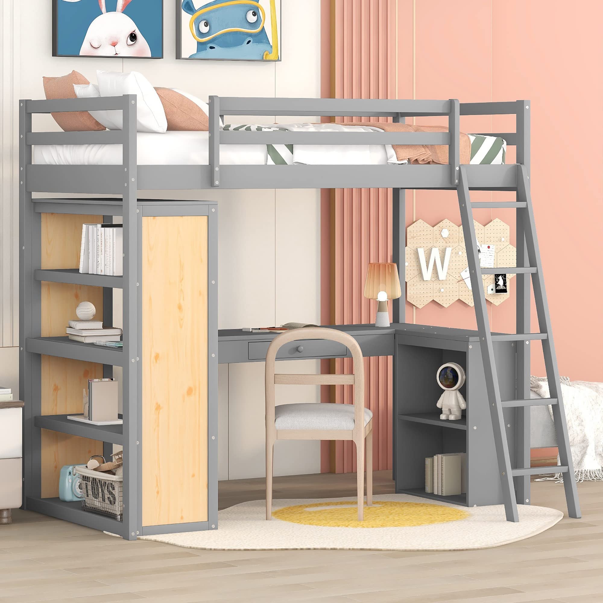 P PURLOVE Twin Size Wood Loft Bed with Desk & Storage Shelf for Kids - Sturdy High Loft Bed with Slat Support (No Box Spring Needed) - Perfect for Small Bedrooms, Dorm Rooms & Space-Saving Kids' Rooms