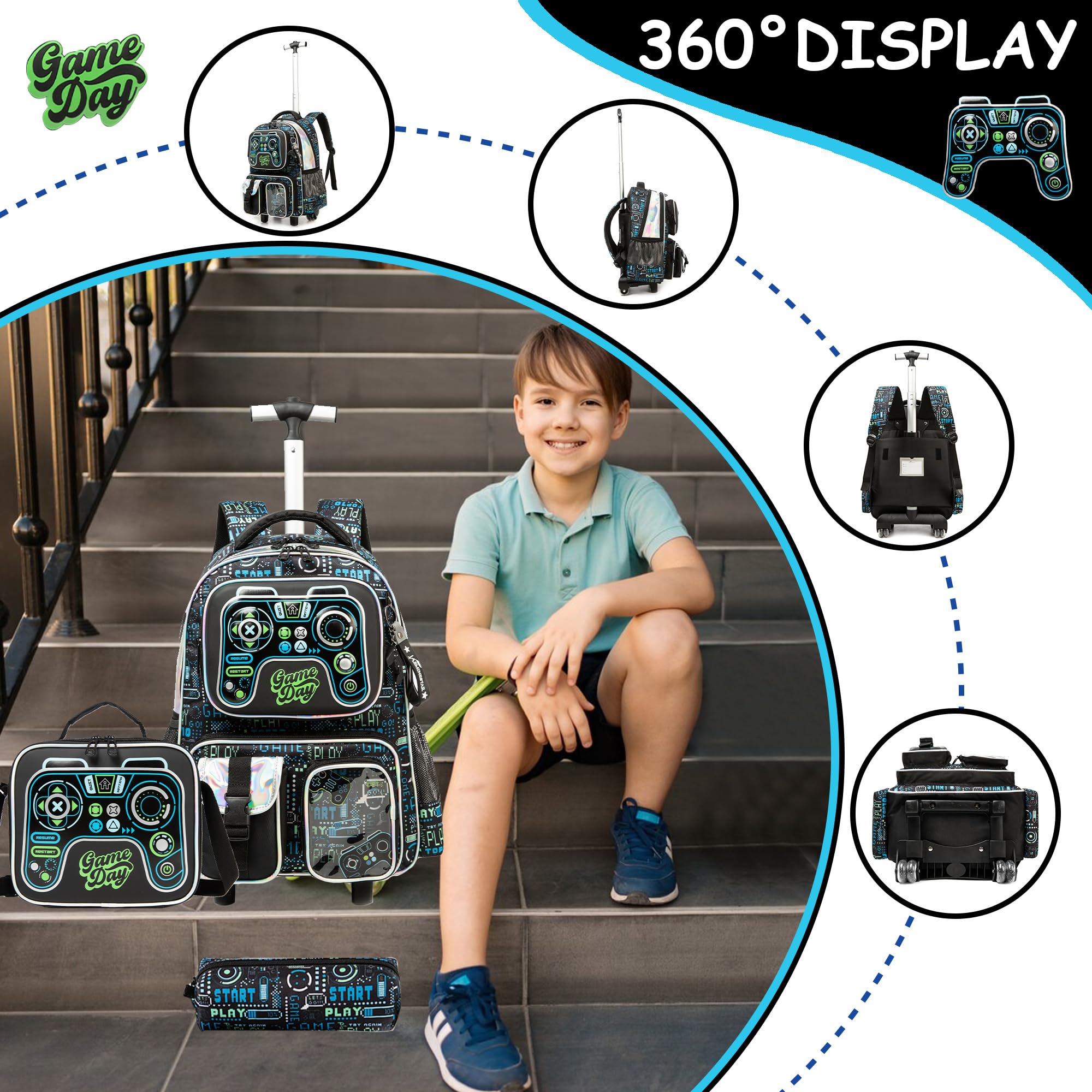Meetbelify Kids Rolling Backpack with Wheels - 3-in-1 School Travel Luggage for Boys Age 8-10 | Includes Lunch Box & Suitcase Features | Perfect for Elementary Students, Airplane Trips & Daily Commute