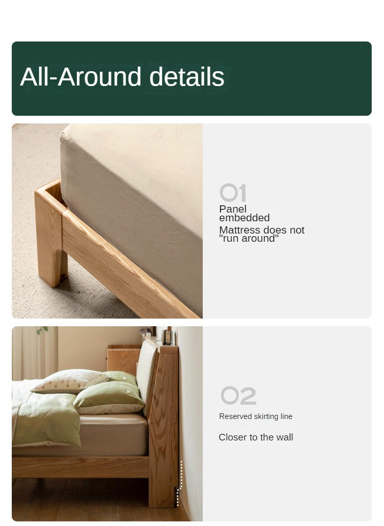 Solid Oak Wood Leather & Fabric Luminous Bed with Shelf - Modern Platform Bed Frame with Storage for Bedroom, Guest Room, or Dorm