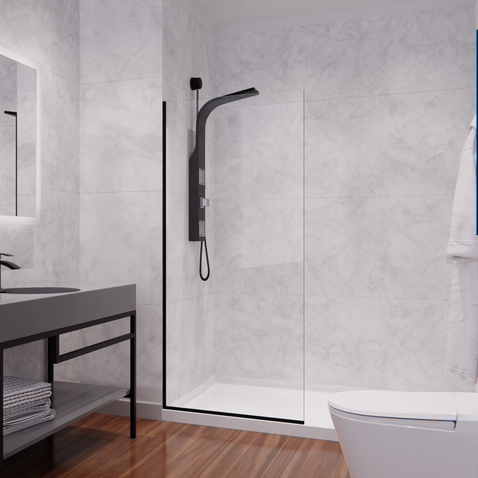 ANZZI 74 x 34 Inch Frameless Fixed Glass Shower Screen Door - Matte Black Finish with Veil Water Repellent Technology | Clear Tempered Glass Single Panel for Bathroom & Shower Enclosure | Complete Hardware Kit for Easy Installation | Perfect for Modern Home & Spa-Like Bathroom Experience