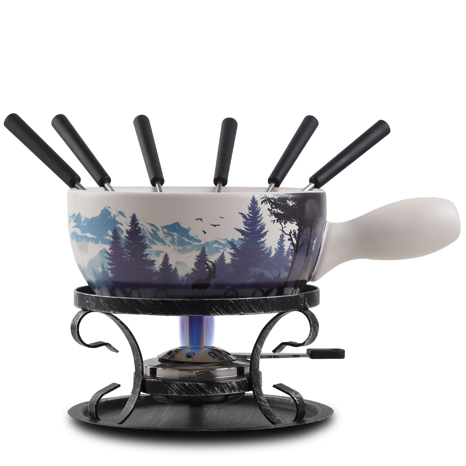 Artestia Serene Summits 2L Large Capacity Fondue Set - Ceramic Cheese & Chocolate Melting Pot with 6 Forks | Perfect for Parties, Christmas, Weddings & Holiday Gifts | Great for Entertaining, Family Gatherings & Romantic Dinners