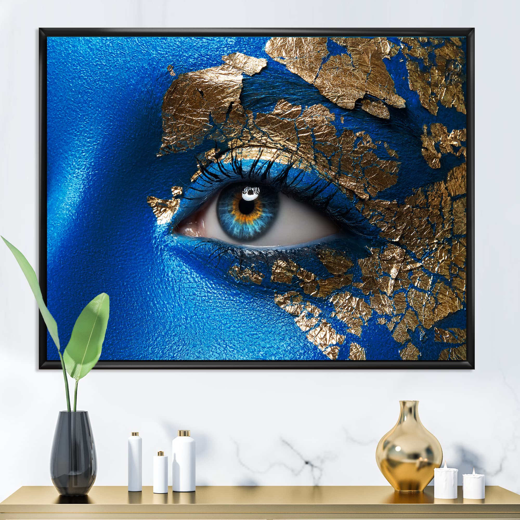 DesignQ Modern Framed Canvas Wall Art - Blue Makeup Portrait of Young Girl, Home & Office Decor, Perfect for Living Room, Bedroom, or Gallery Wall Display