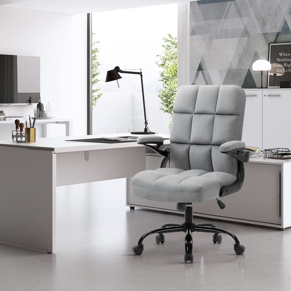 SEATZONE Ergonomic Home Office Chair - Adjustable Fabric Upholstered Desk Chair with Armrests & Lumbar Support - Modern Executive Swivel Task Chair for Computer Work, Gaming & Remote Work - Grey