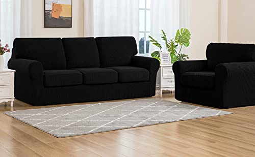 SUBRTEX 3-Piece Armchair Cover & 7-Piece Sofa Slipcover Set - Stretchable Couch Cover with Separate Backrest & Cushion Covers - Living Room Furniture Protector (Small/Large, Black) | Perfect for Home Decor, Pet Protection & Furniture Renewal