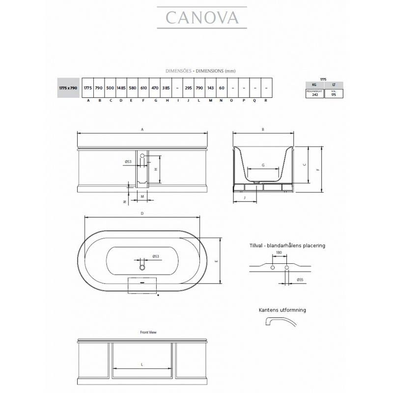 Canova 175 cm Cast Iron Bathtub in White – Freestanding Soaking Tub for Luxury Bathroom & Spa Relaxation