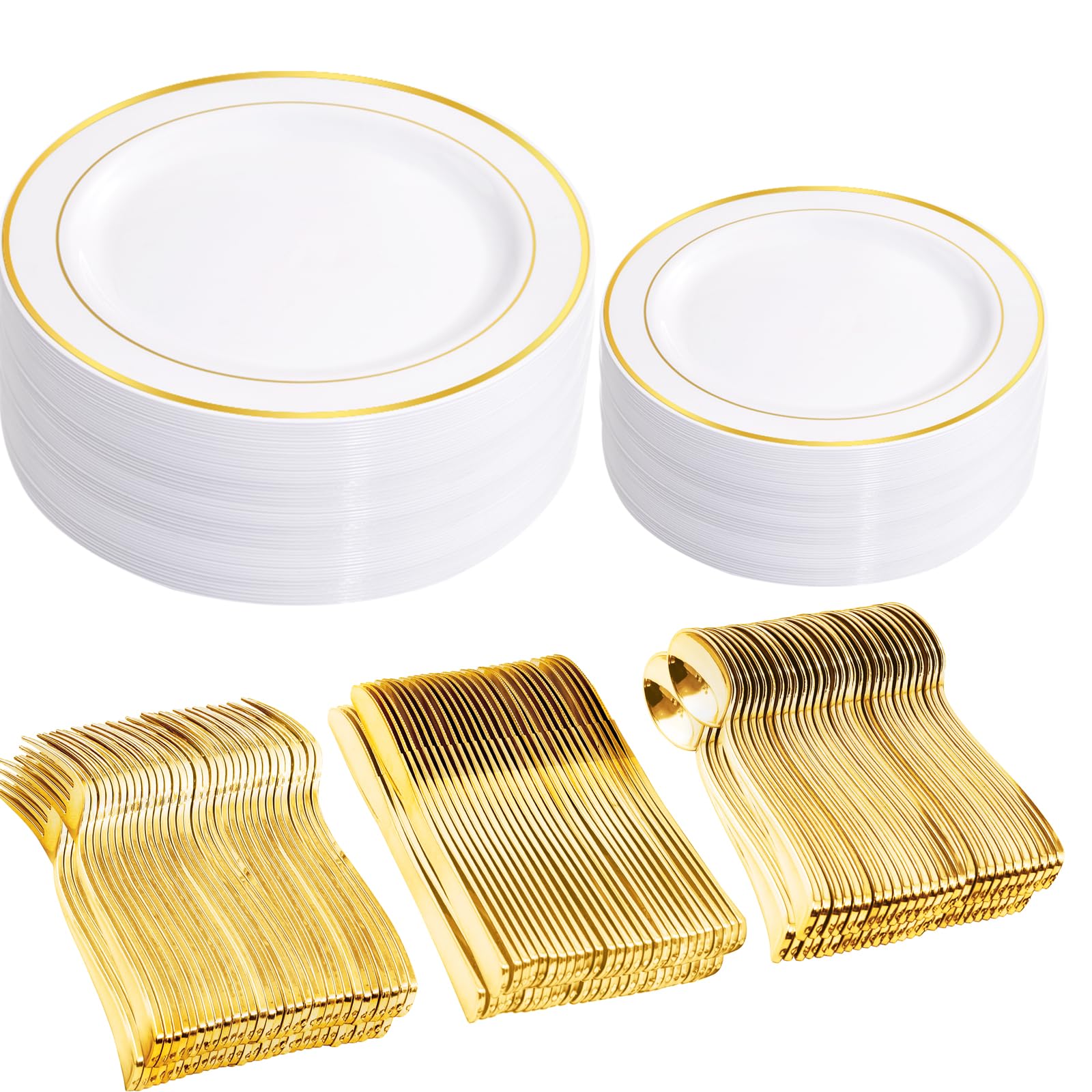 DaYammi 250-Piece Gold Plastic Dinnerware Set - 50 Gold Rim Dinner Plates, 50 Salad Plates, 50 Plastic Silverware Sets - Elegant Disposable Tableware for Weddings, Parties, Banquets & Special Events