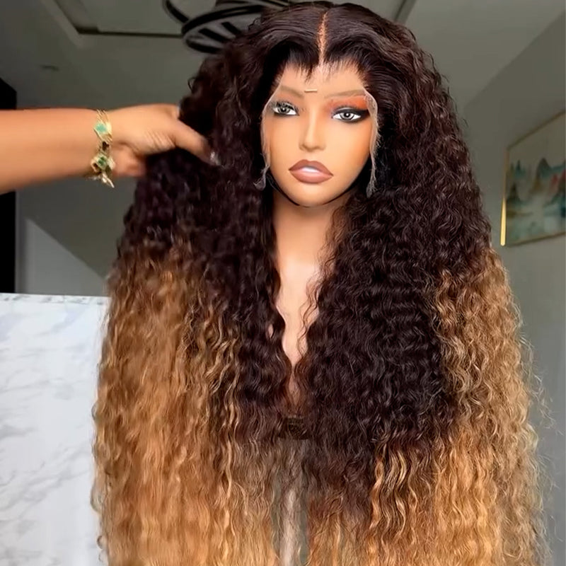 Eullair Ombre Dark Brown to Honey Blonde Curly Human Hair Wig - Glueless Lace Frontal Wig for Women | Pre-Colored Natural Look for Daily Wear & Special Occasions