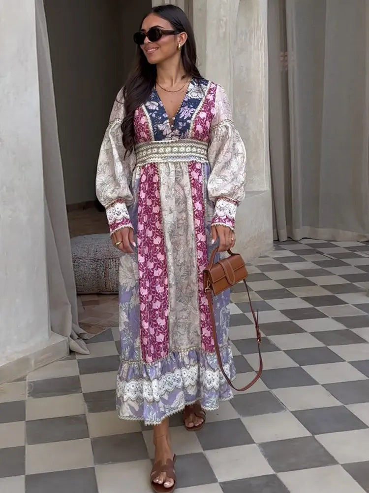 Stylish Patchwork Print Maxi Dress for Women - Long Sleeve V-Neck High Waist Vestidos - Perfect for Vacation, Party & Club Wear
