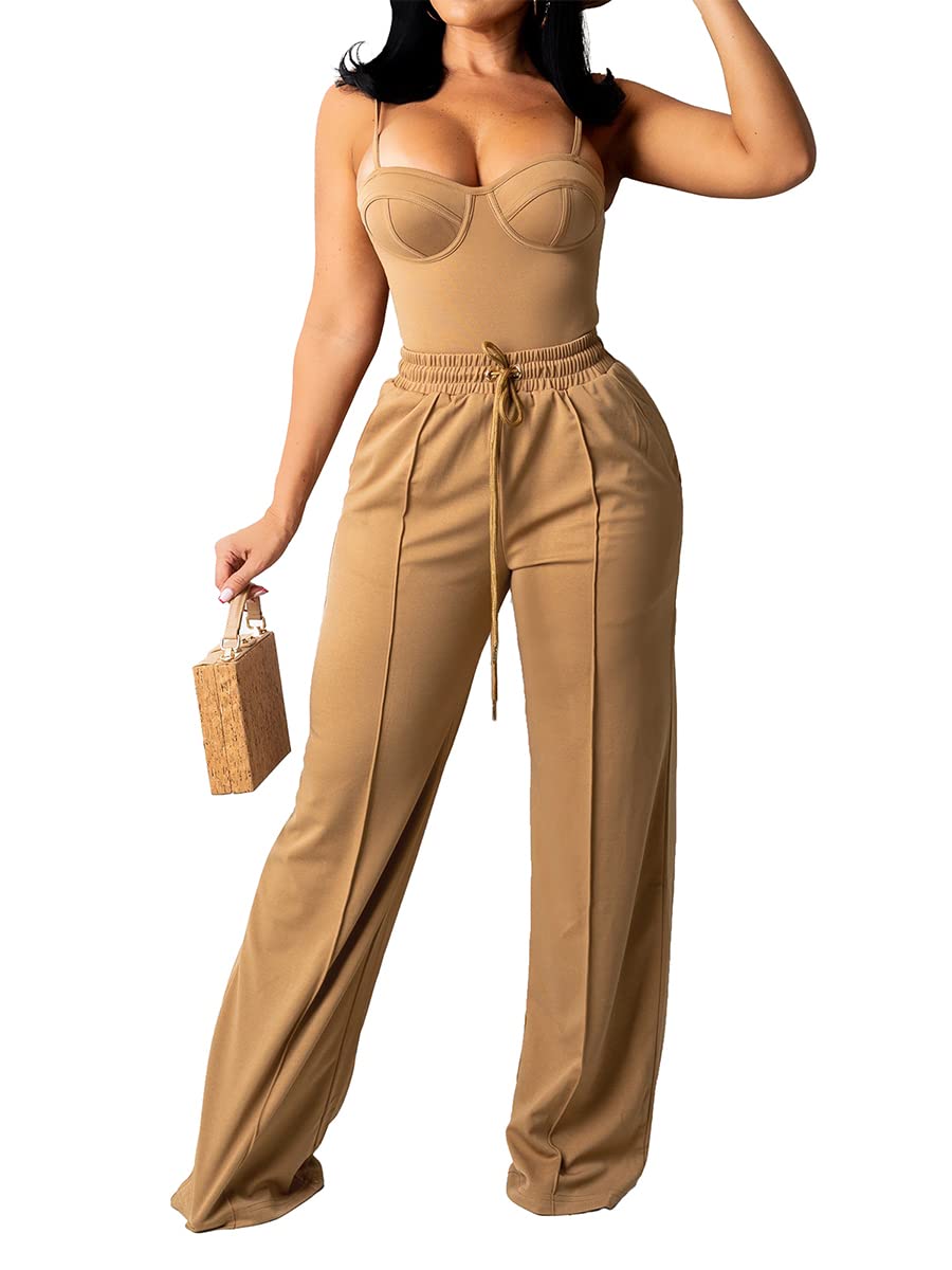 IMISSILLEB Women's Summer Casual Two Piece Outfit - Sleeveless Camisole Tank Top & Drawstring Wide Leg Long Pants Set | Beach Vacation, Streetwear, Lounge Wear