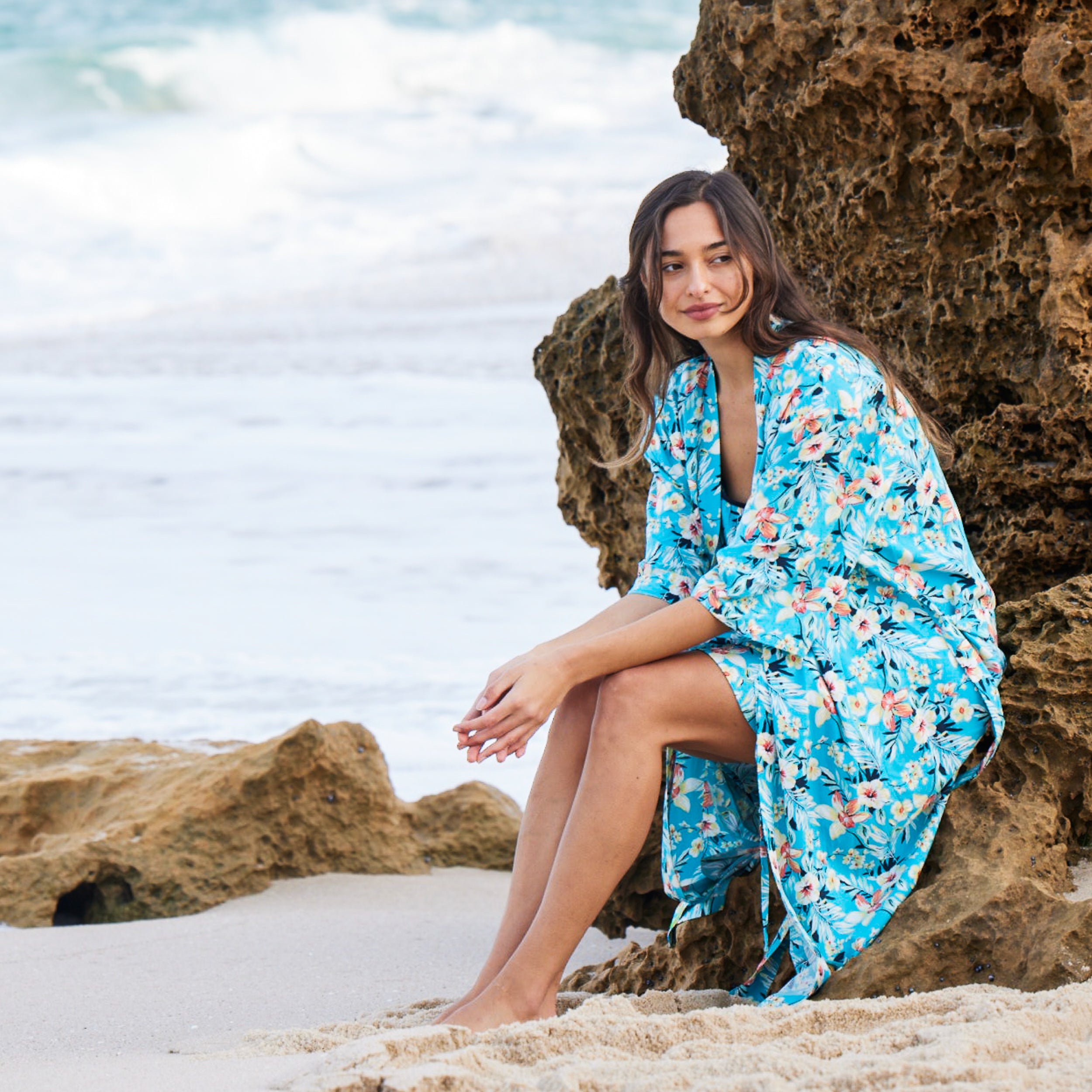 Women's Twilight Floral Woven Robe - Soft Blue Cotton Kimono Style Bathrobe for Spa, Lounge & Home Relaxation