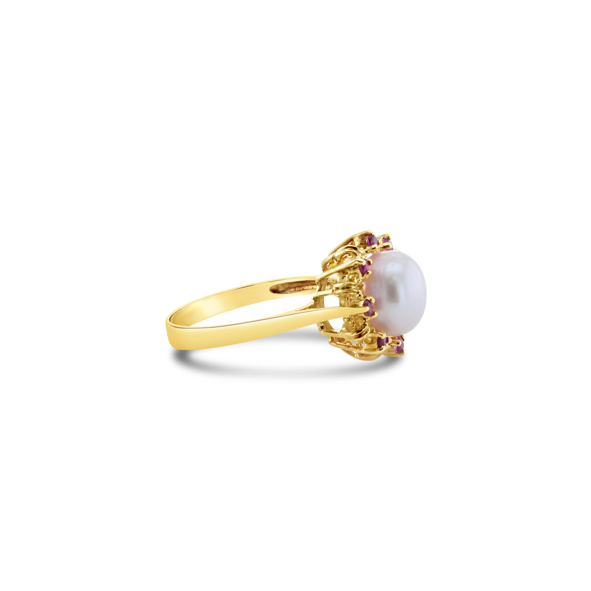 8MM Genuine Pearl Ring with Ruby Halo in 14k Yellow Gold - Elegant Bridal Jewelry & Anniversary Gift for Women