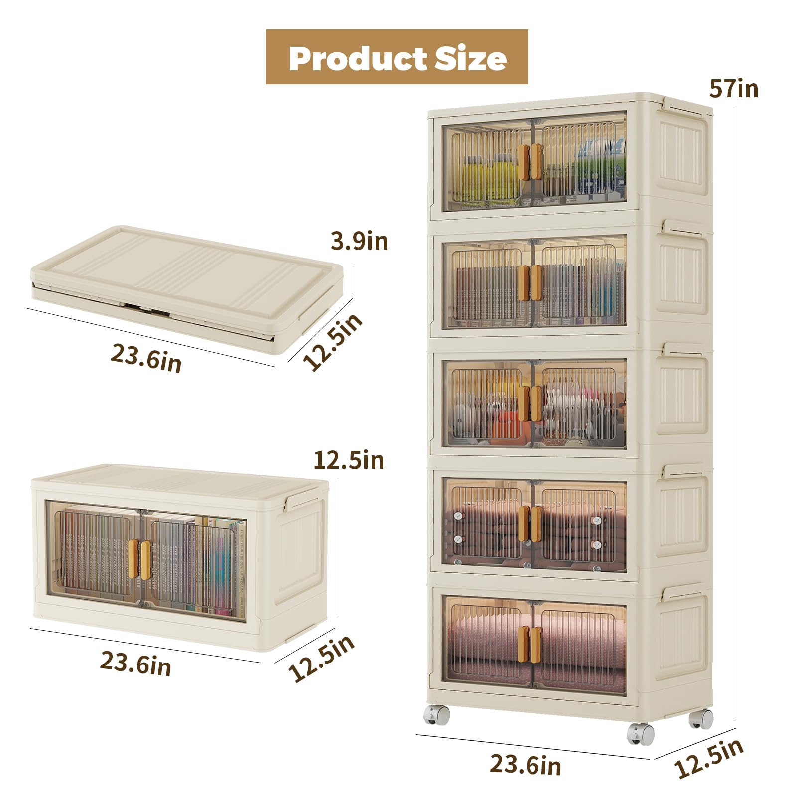 5-Tier Stackable Plastic Storage Bins with Lids - 58QT Collapsible Closet Organizers with Wheels, Foldable Storage Boxes for Bedroom, Living Room, Office & Dorm - Space-Saving Home Organization Solution for Clothes, Toys & Seasonal Items