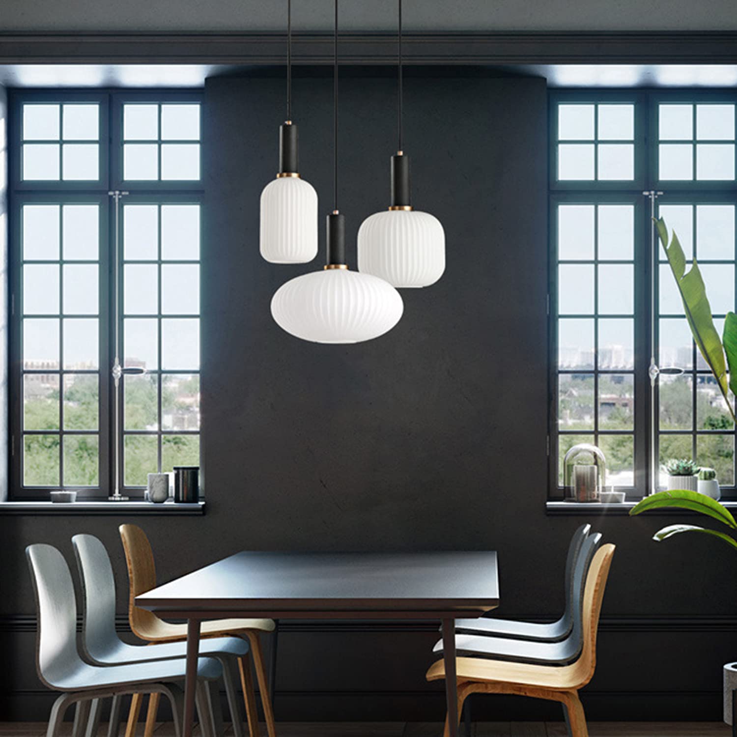Modern Glass Pendant Light Set - Black Ceiling Hanging Lamp Holder with White Shade (3 Lights) - Perfect for Kitchen Island, Dining Room, and Living Room Lighting