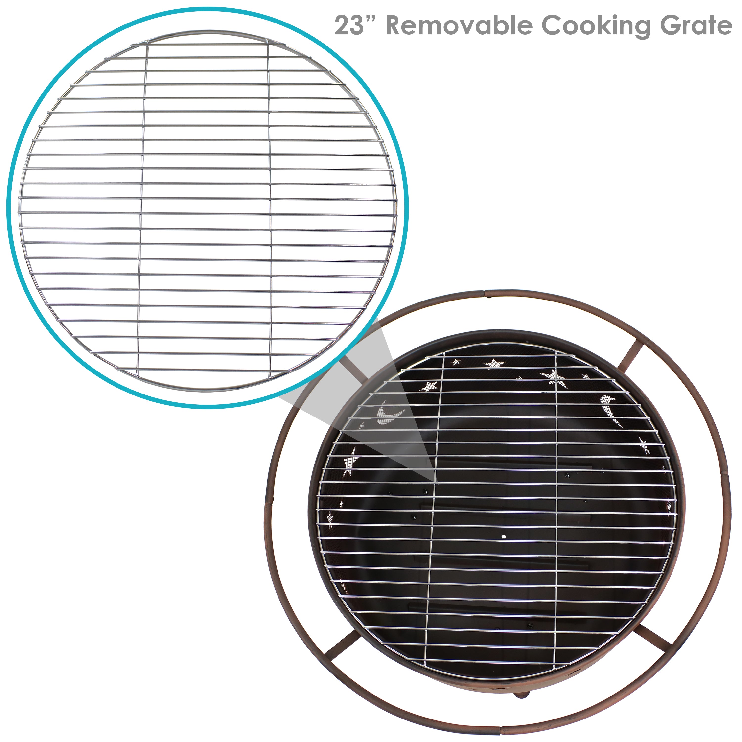 Sunnydaze 30-Inch Cosmic Cooking Fire Pit with Grill Grate & Spark Screen - Outdoor Camping, Backyard BBQ, and Patio Bonfire Cooking