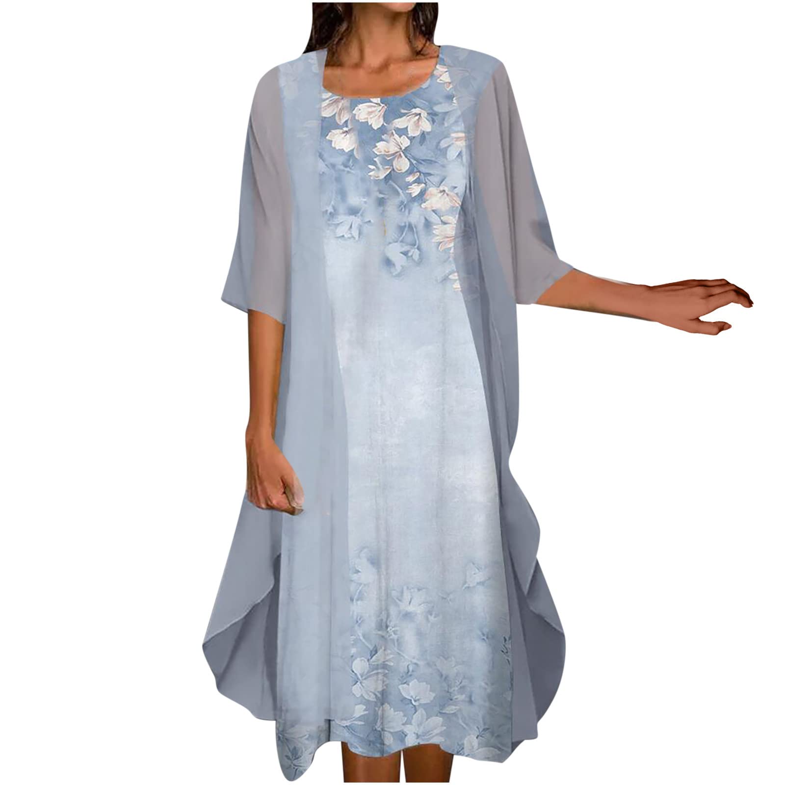 Tpingfe Women's Summer Floral Print Chiffon Two-Piece Dress Set - Flowy Sleeveless Crewneck Maxi Dress for Wedding Guest, Beach Vacation & Special Occasions - Plus Size Blue