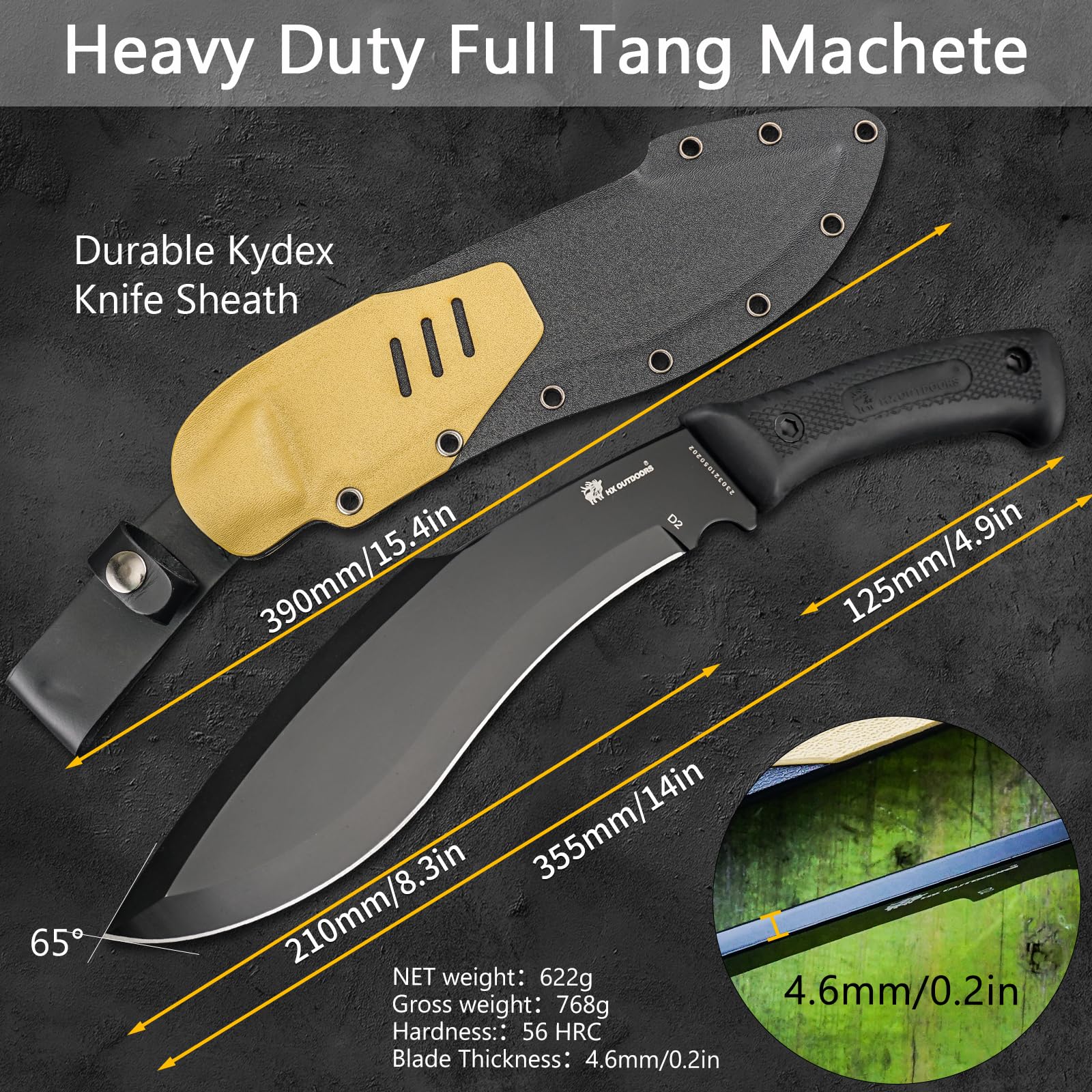 HX Outdoors 14 Inch Bush Machete Kukri Knife - Premium D2 Steel Full Tang Survival Knife with Kydex Sheath | Heavy Duty Gardening Tool for Camping, Hiking, Brush Clearing & Outdoor Adventures (Black)