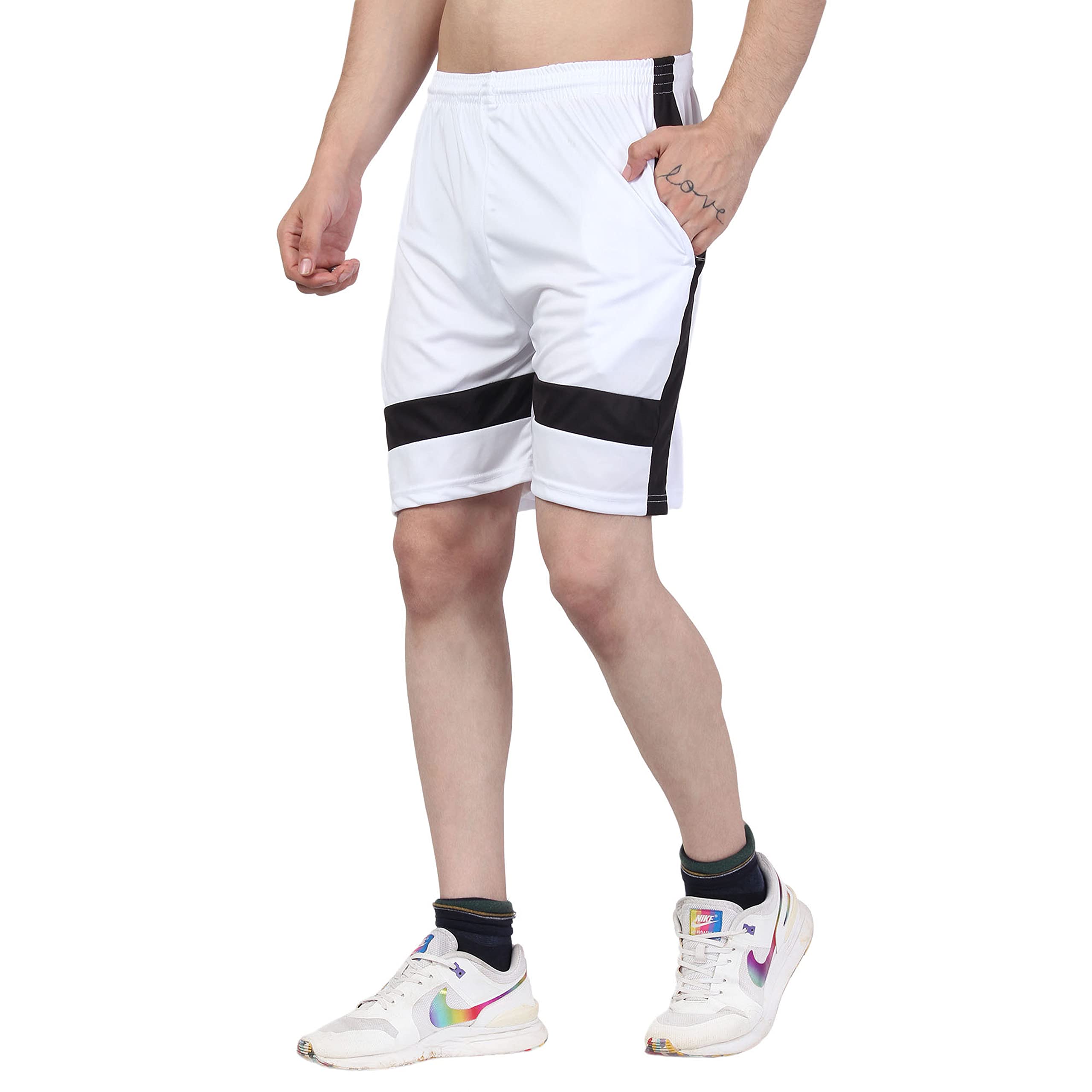Shape-X Dry Fit Sports Shorts with Zipper Pockets for Men & Women - White/Black | Gym Workout, Running, Yoga & Outdoor Activities
