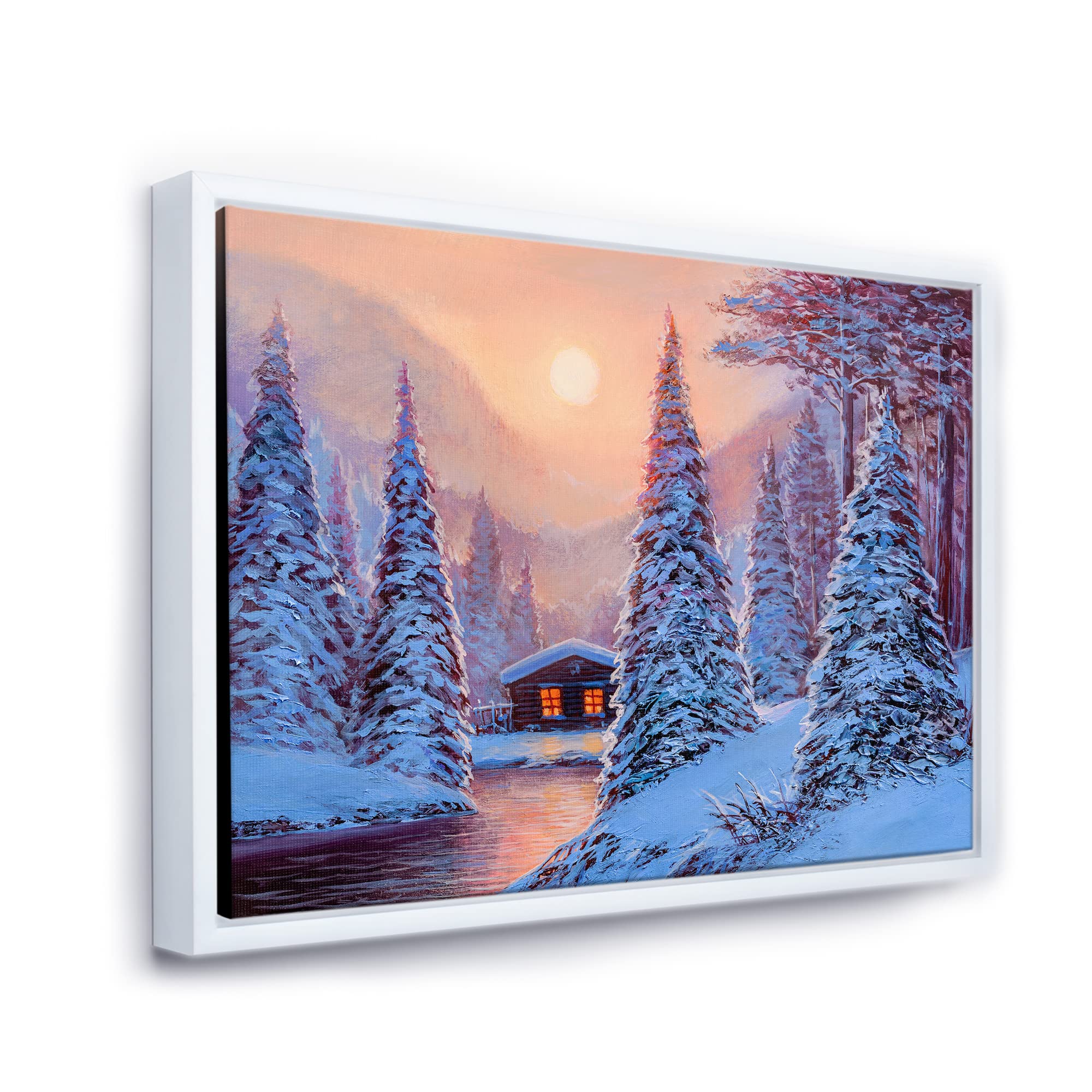 Winter Landscape & The River House In The Woods Framed Canvas Wall Art - Lake House Decor for Living Room, Bedroom & Office - Nature Scenery Painting for Home & Cabin Decoration