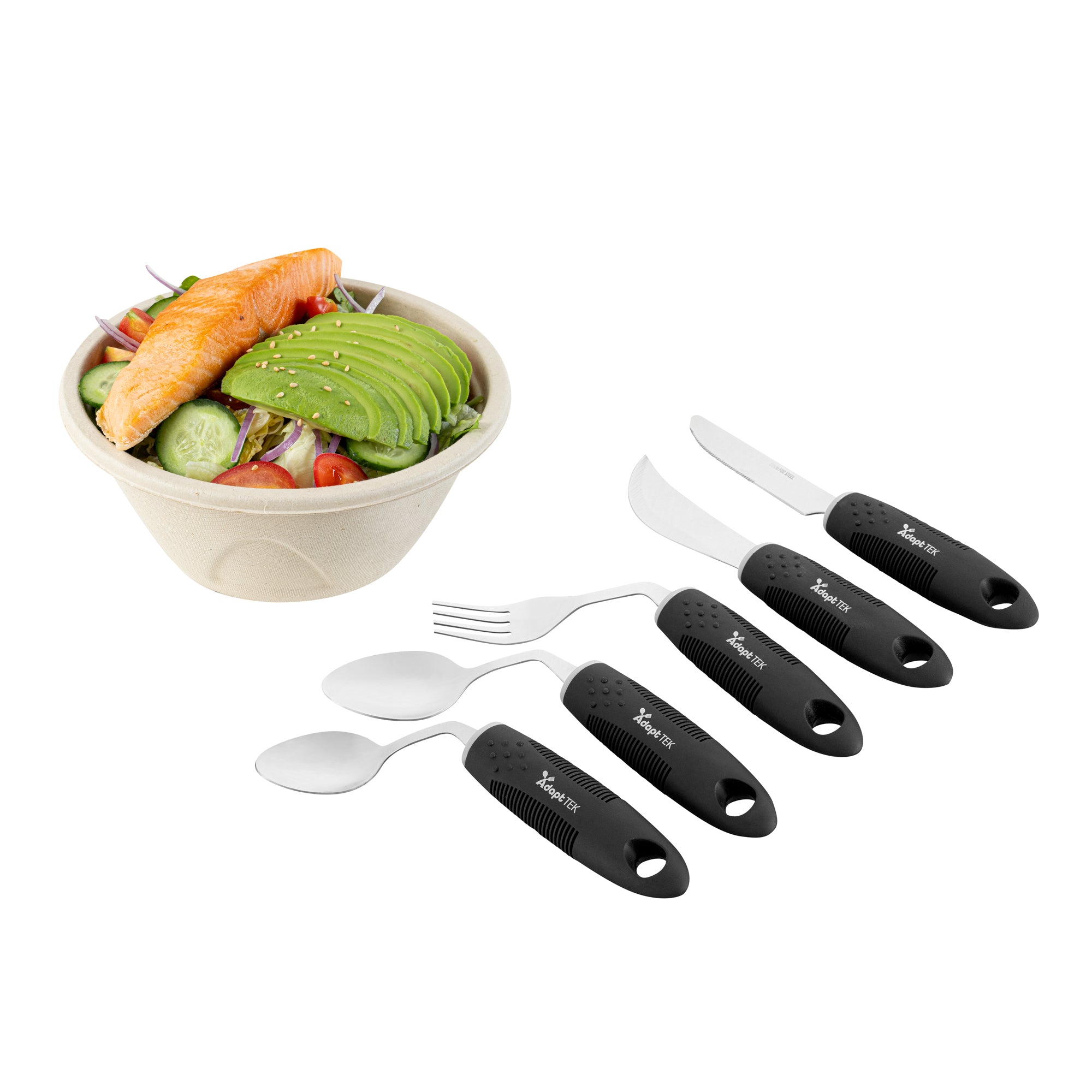 Adapt Tek Black Stainless Steel 5-Piece Adaptive Offset Utensil Set for Right-Handed Users - Lightweight, Non-Slip Grip (1 Count) - Ideal for Arthritis & Limited Mobility in Kitchen