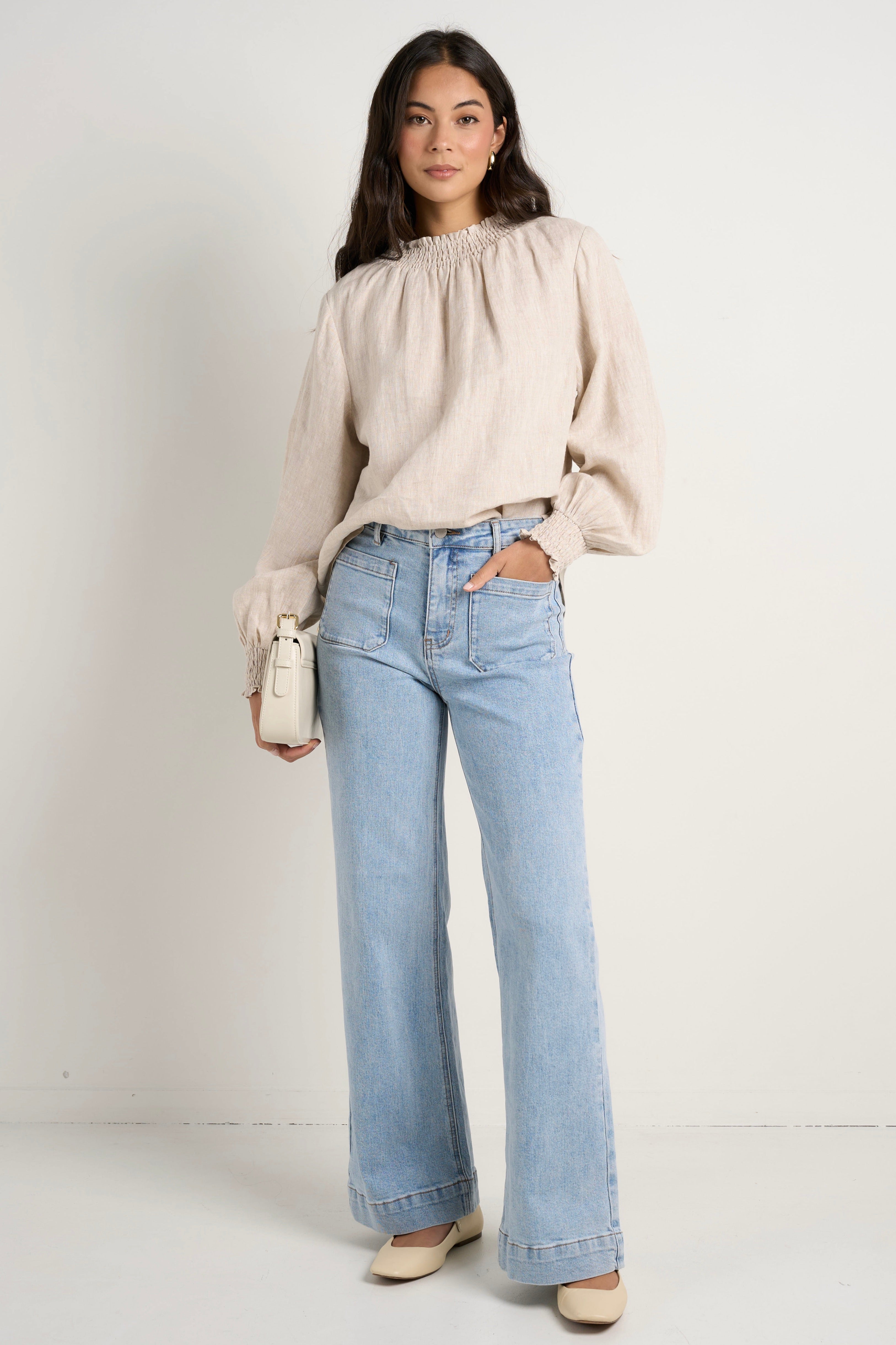 Natural Linen Shirred Neck Long Sleeve Top for Women - Boho Chic Blouse for Casual Wear, Office & Date Nights