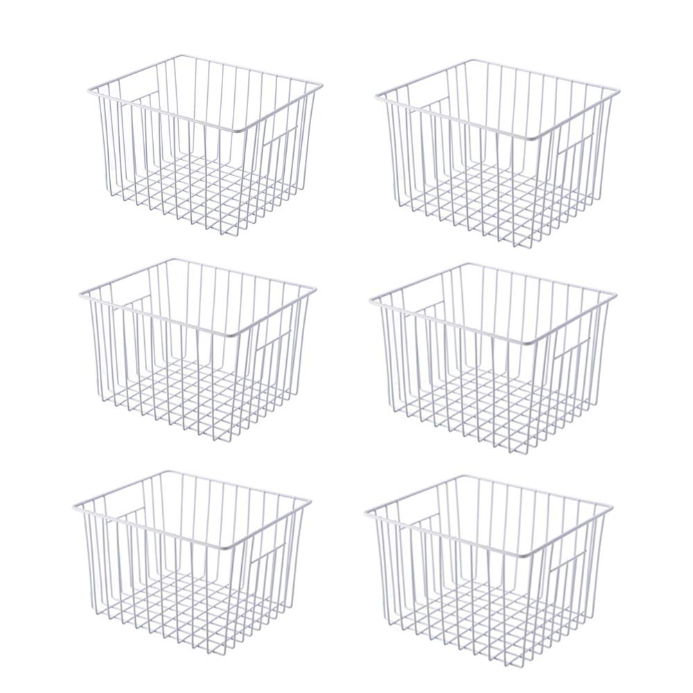 Slideep 11'' Farmhouse Freezer Organizer Baskets - Set of 6 White Metal Wire Storage Bins with Built-in Handles for Refrigerator, Kitchen, Pantry & Bathroom Organization | Perfect for Food Storage, Cabinet Organization & Home Decluttering